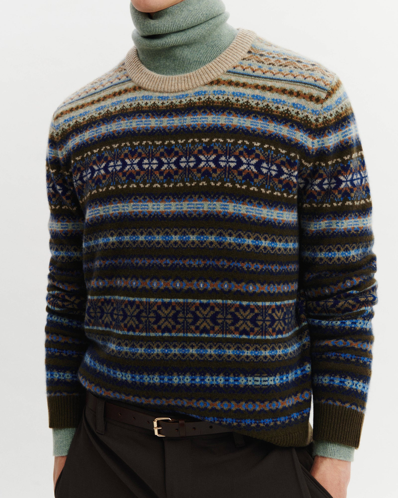 Pull col rond fairisle-ARGILE/KAKI KOMBU-100% cachemire