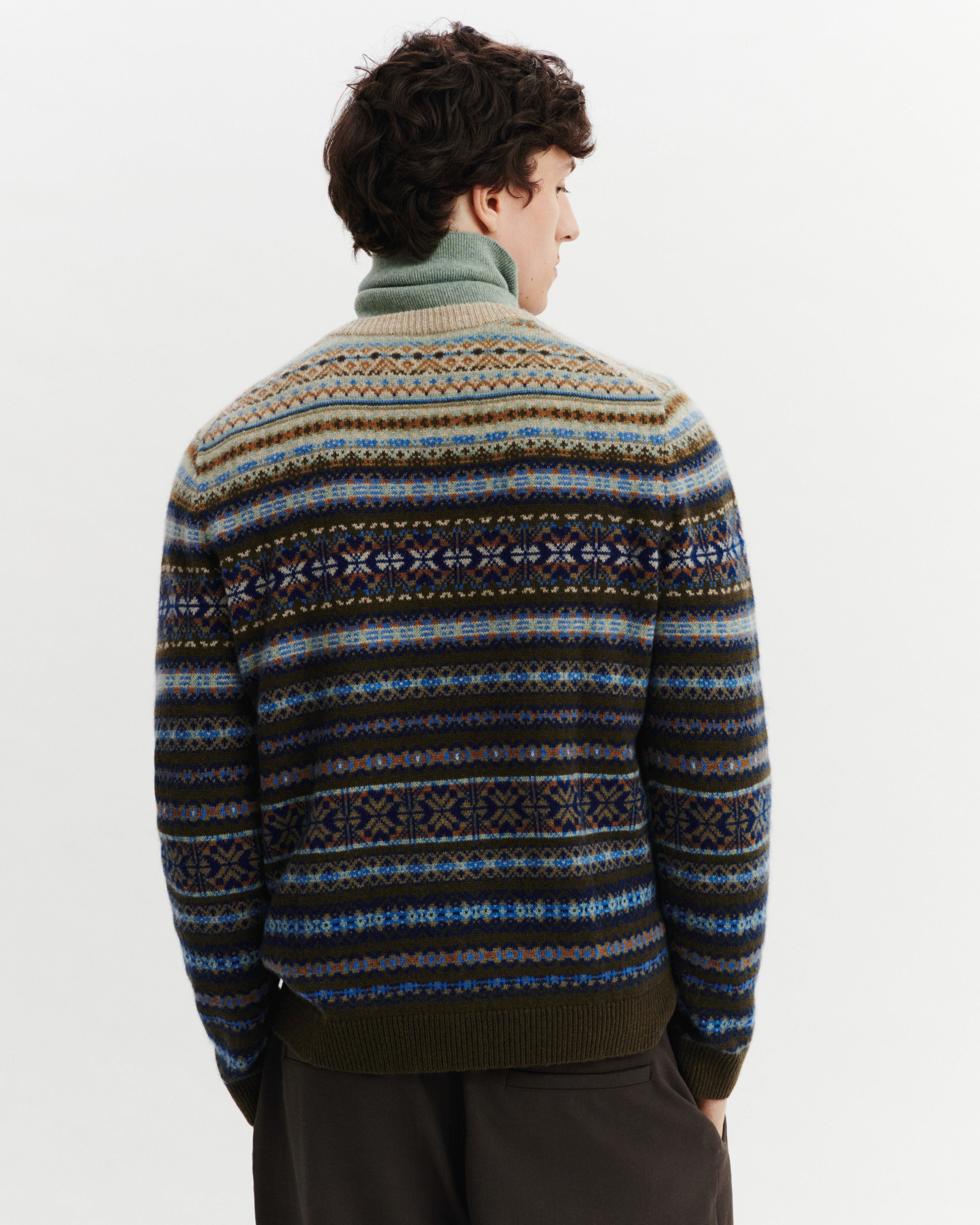 Pull col rond fairisle-ARGILE/KAKI KOMBU-100% cachemire
