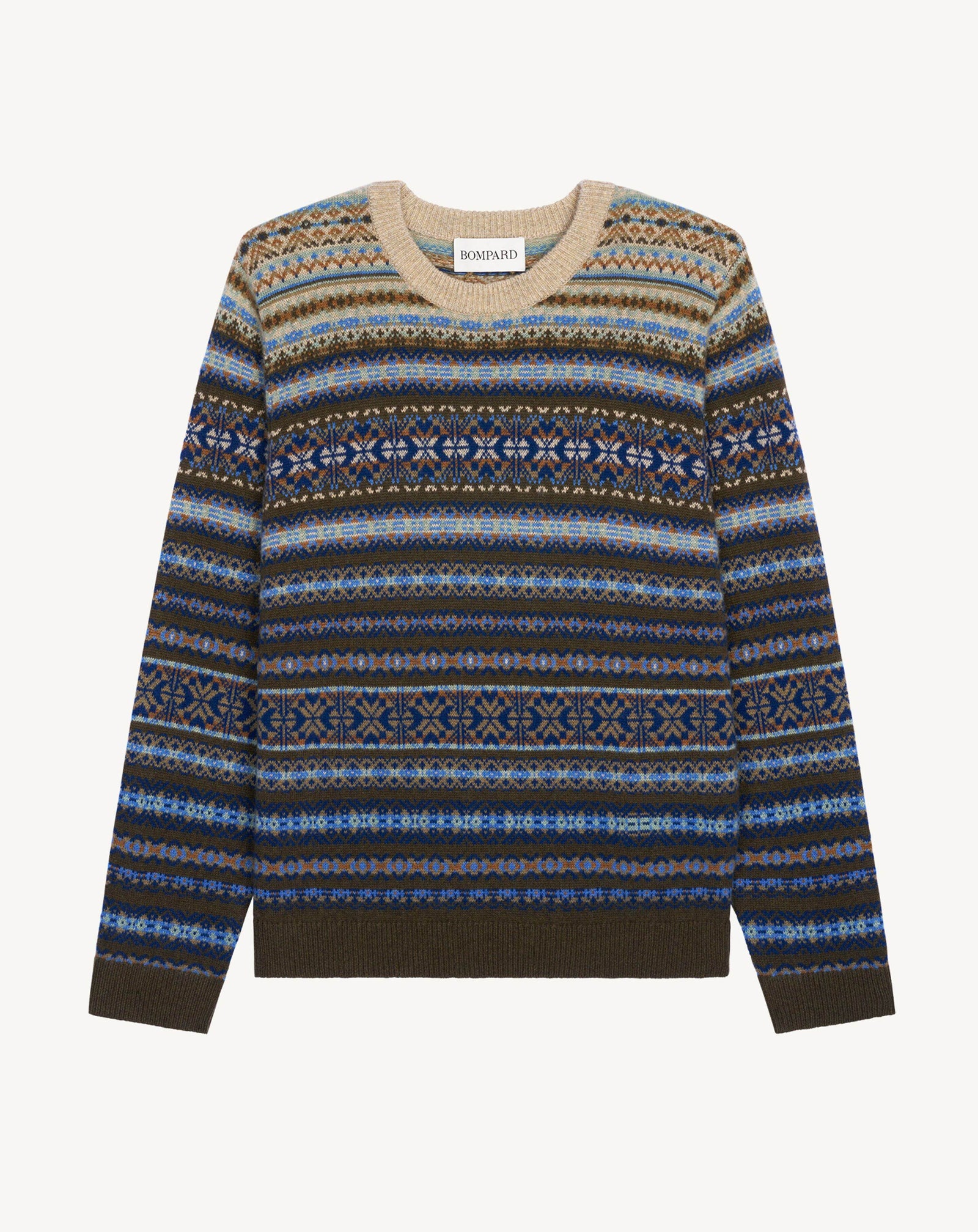 Pull col rond fairisle-ARGILE/KAKI KOMBU-100% cachemire