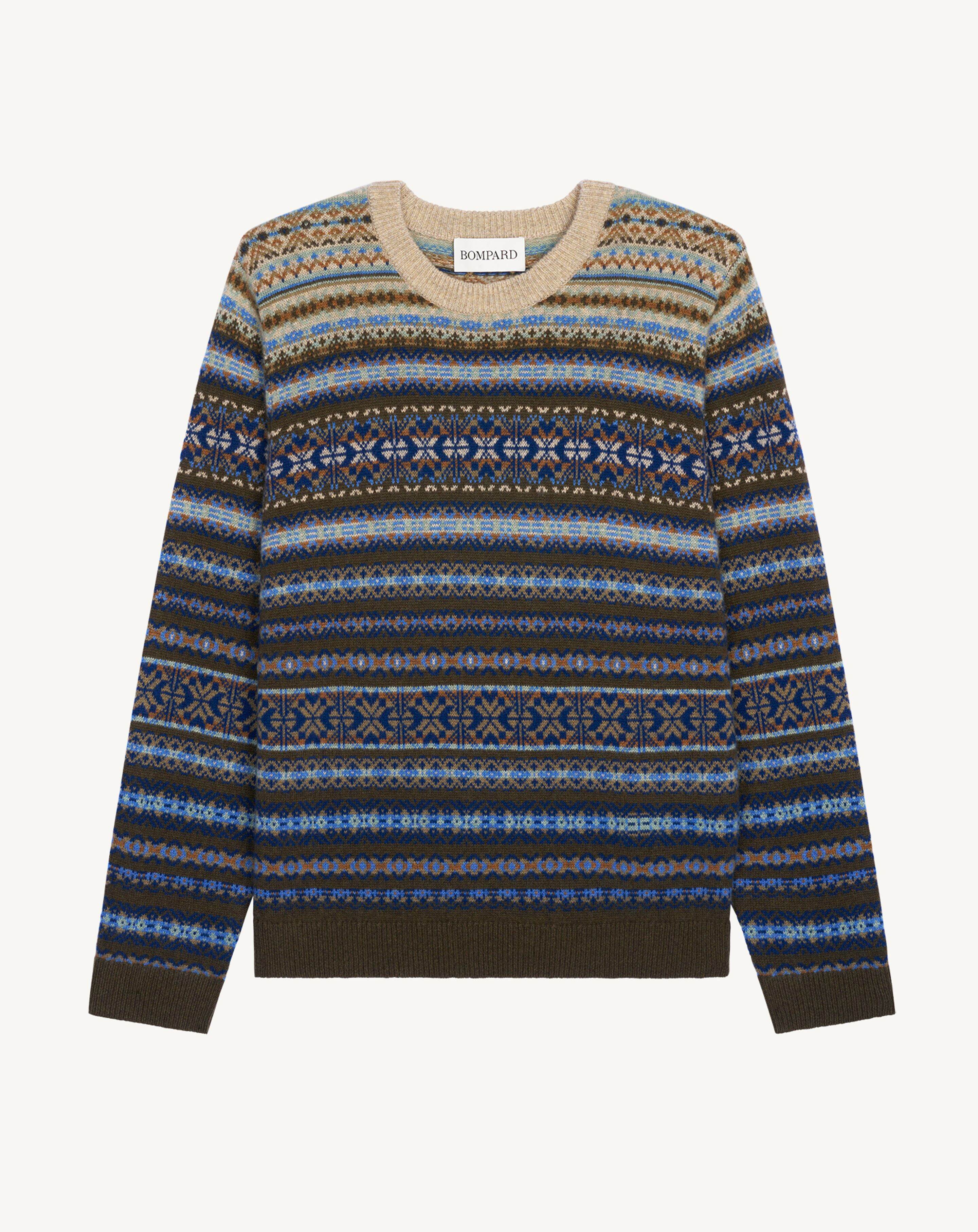 Pull col rond fairisle-ARGILE/KAKI KOMBU-100% cachemire