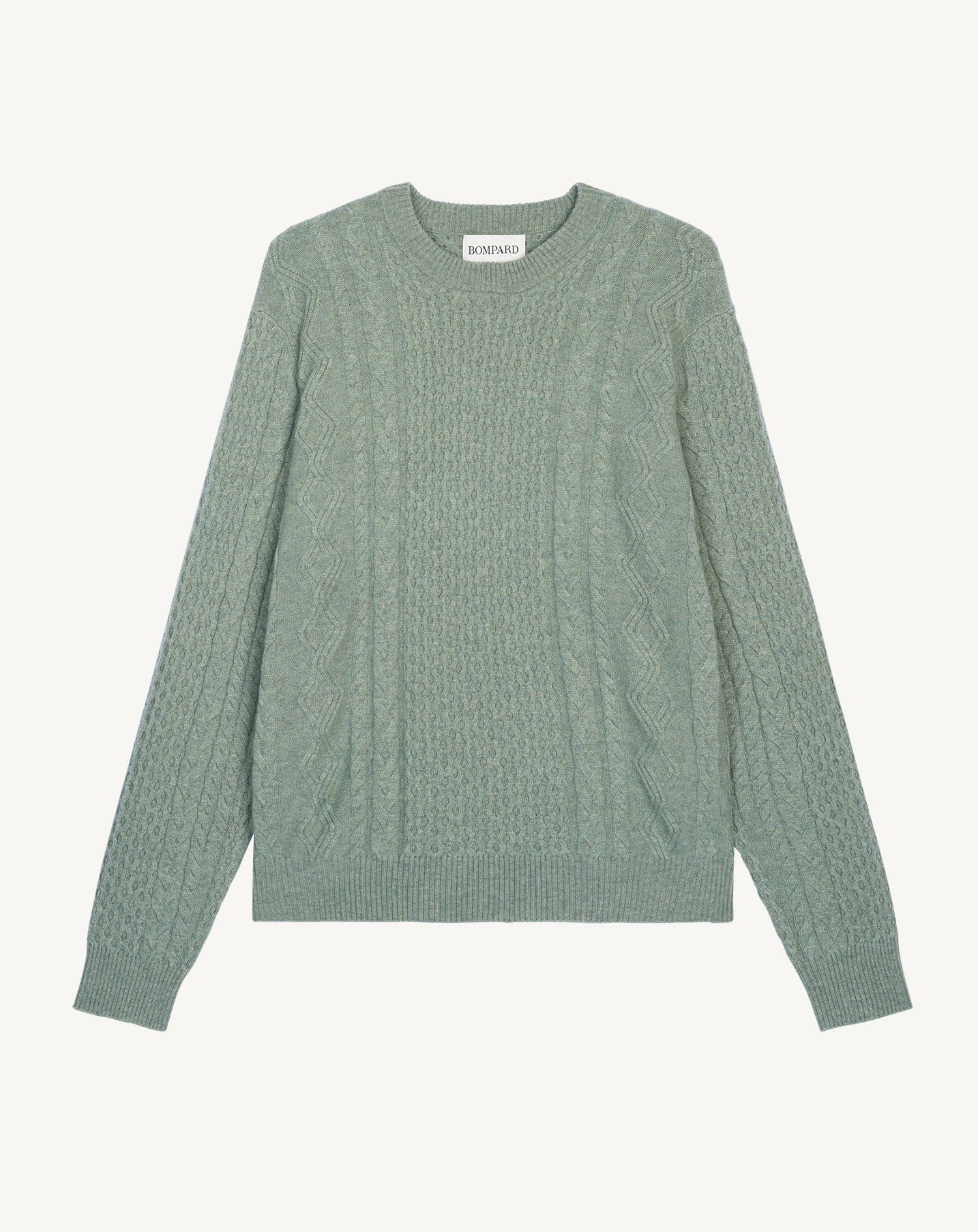 Pull col rond à torsades-VERT DE GRIS-100% cachemire