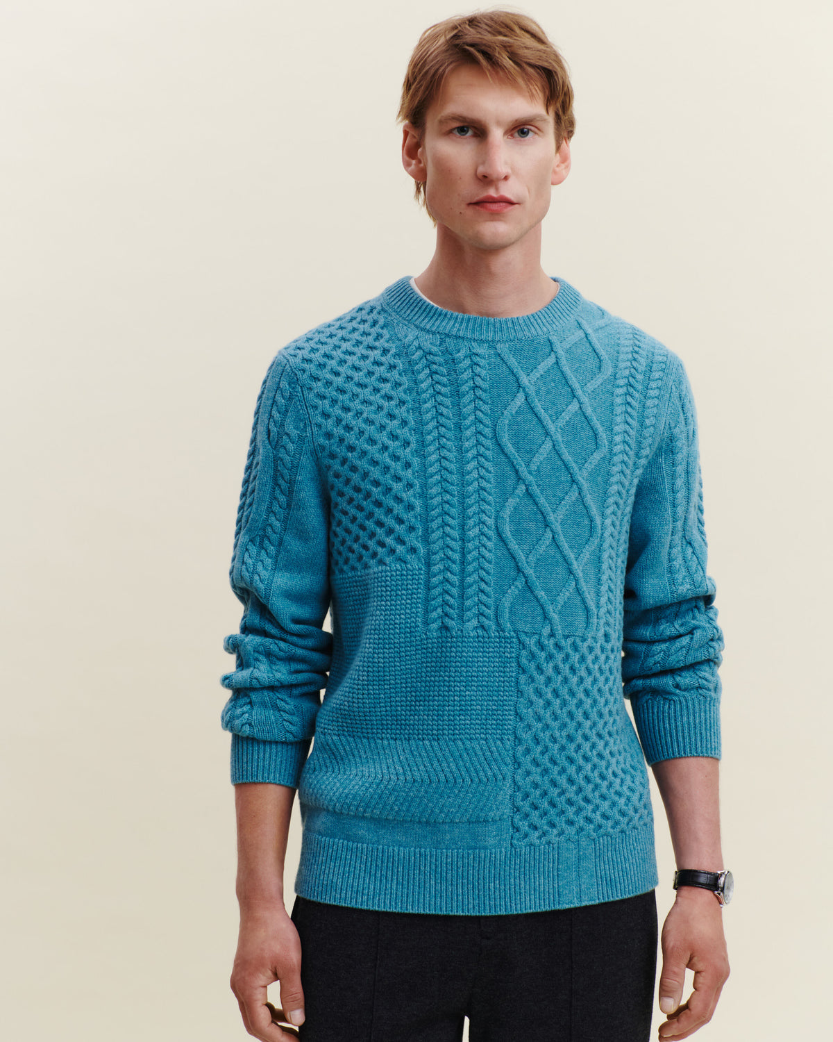 Pull col rond patchwork-CYAN-100% cachemire