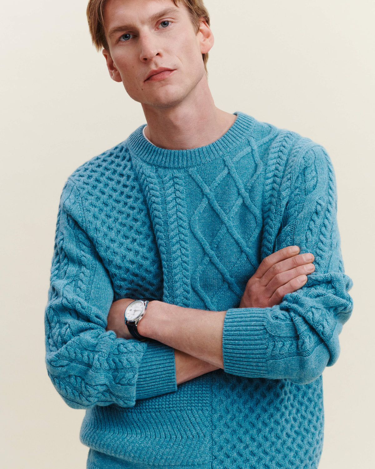 Pull col rond patchwork-CYAN-100% cachemire