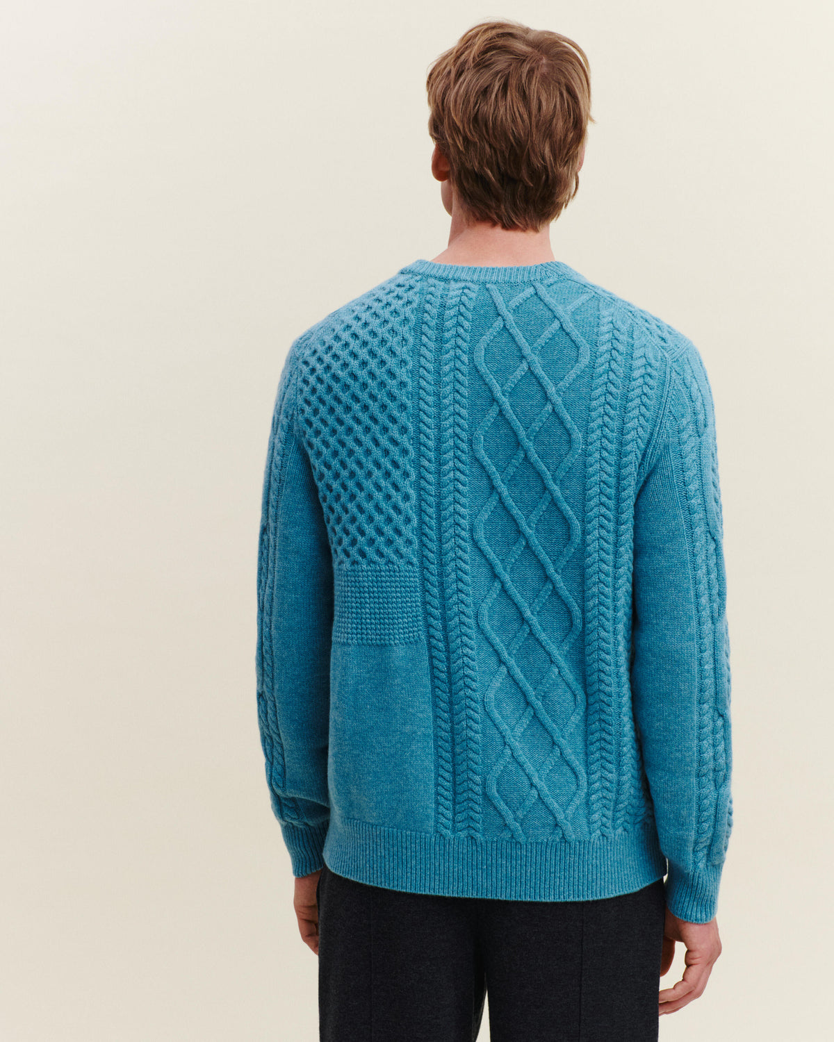 Pull col rond patchwork-CYAN-100% cachemire