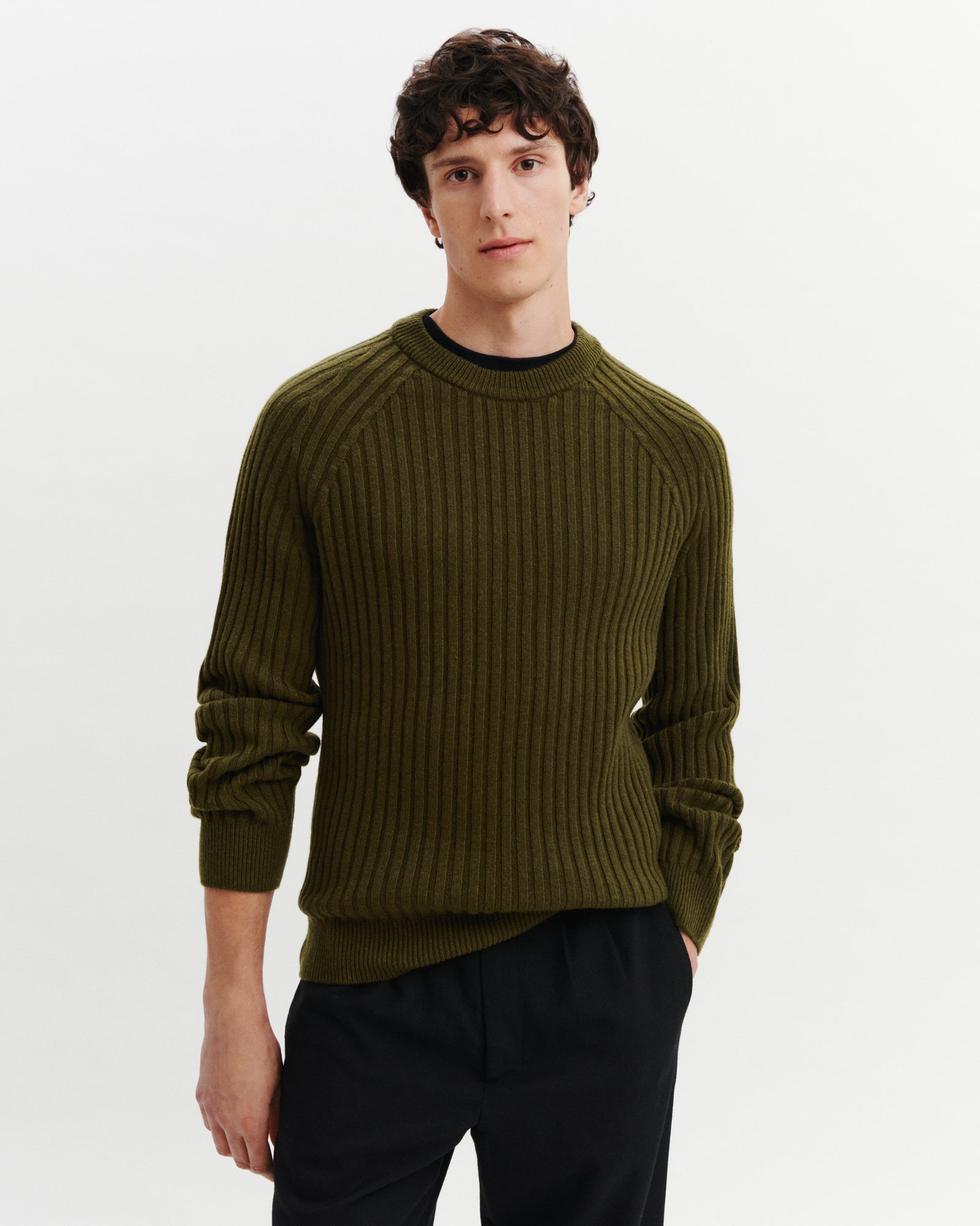 Pull col rond à côtes-OLIVE-100% cachemire