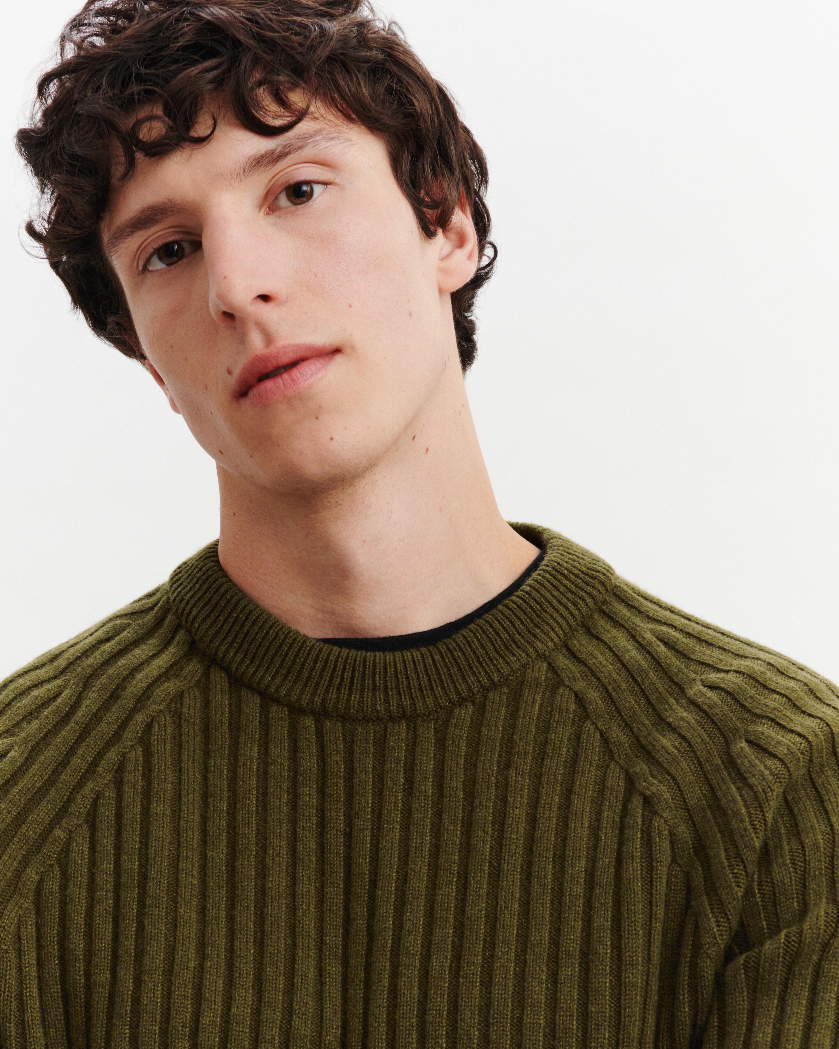 Pull col rond à côtes-OLIVE-100% cachemire