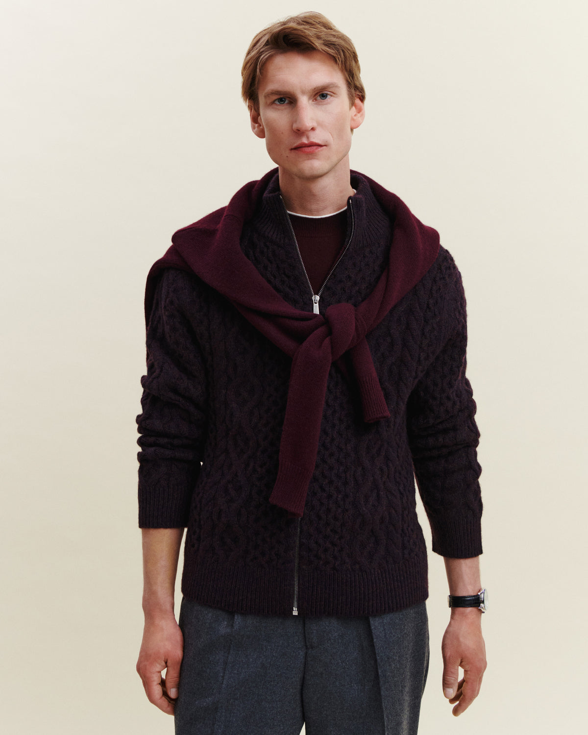 Gilet zippé à torsades-RISTRETTO/MARINE/GRENAT-100% cachemire