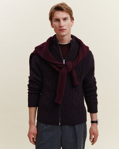 Gilet zippé à torsades-RISTRETTO/MARINE/GRENAT-100% cachemire
