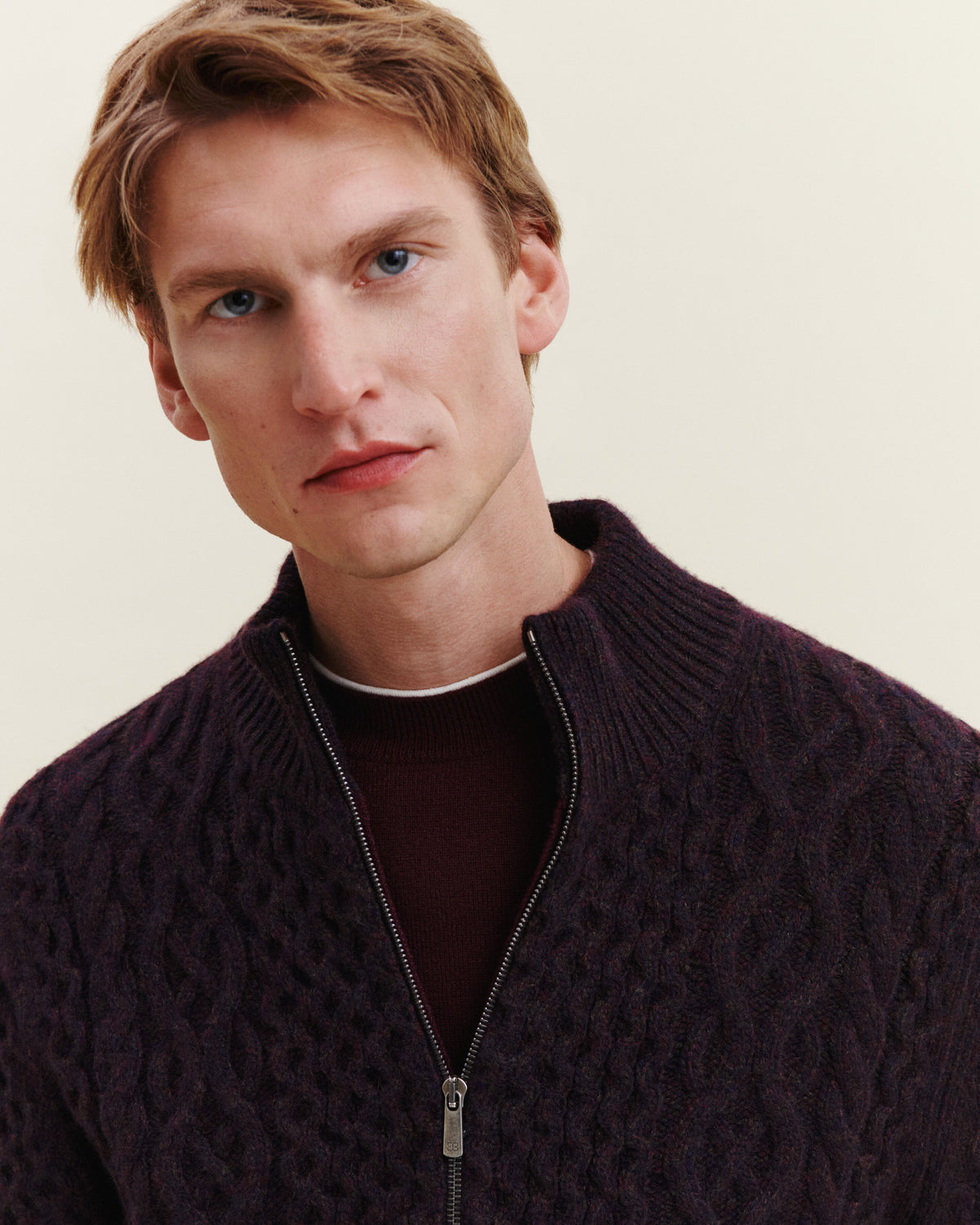 Gilet zippé à torsades-RISTRETTO/MARINE/GRENAT-100% cachemire