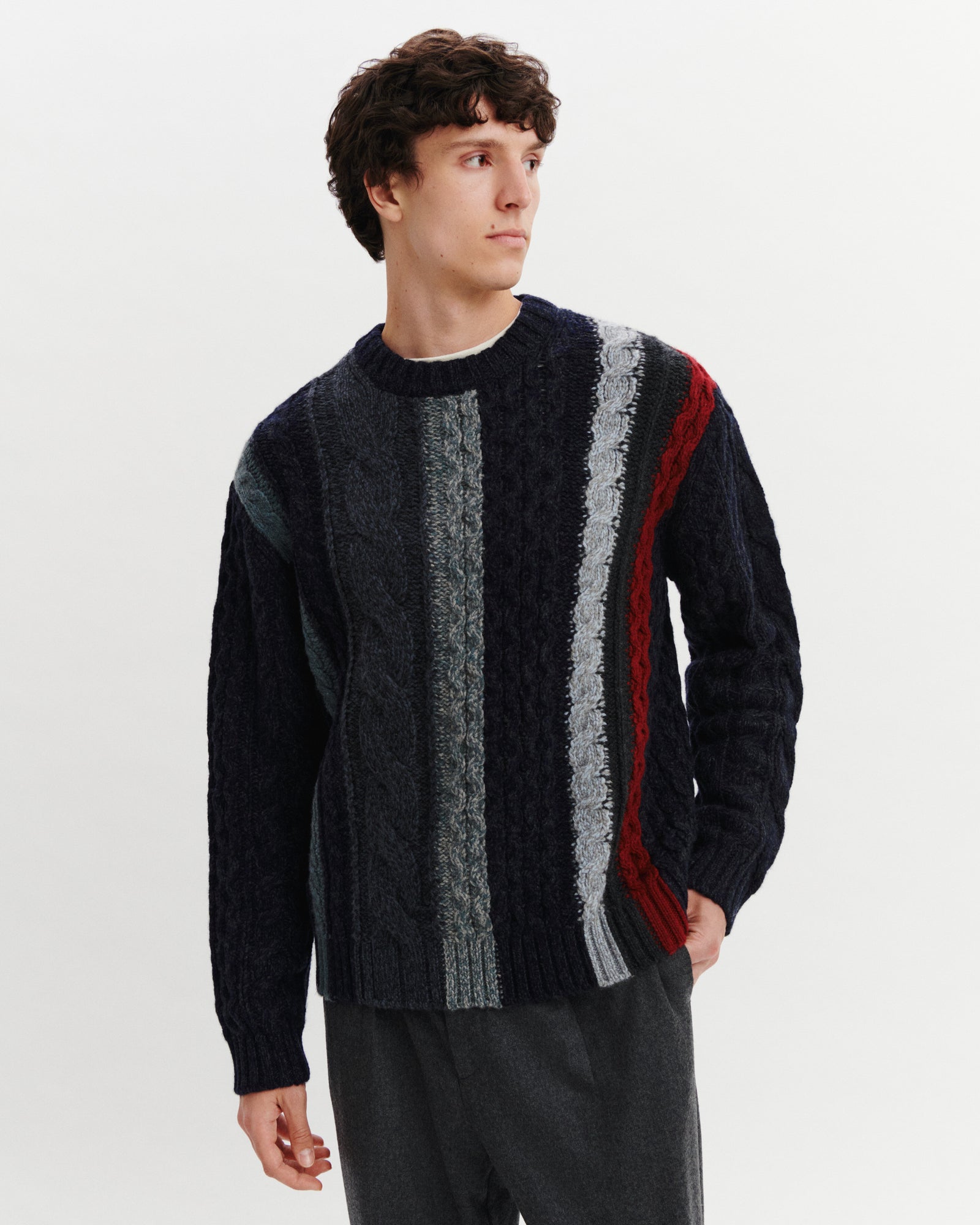 Pull à torsades rayées-MARINE/CHARBON-100% cachemire