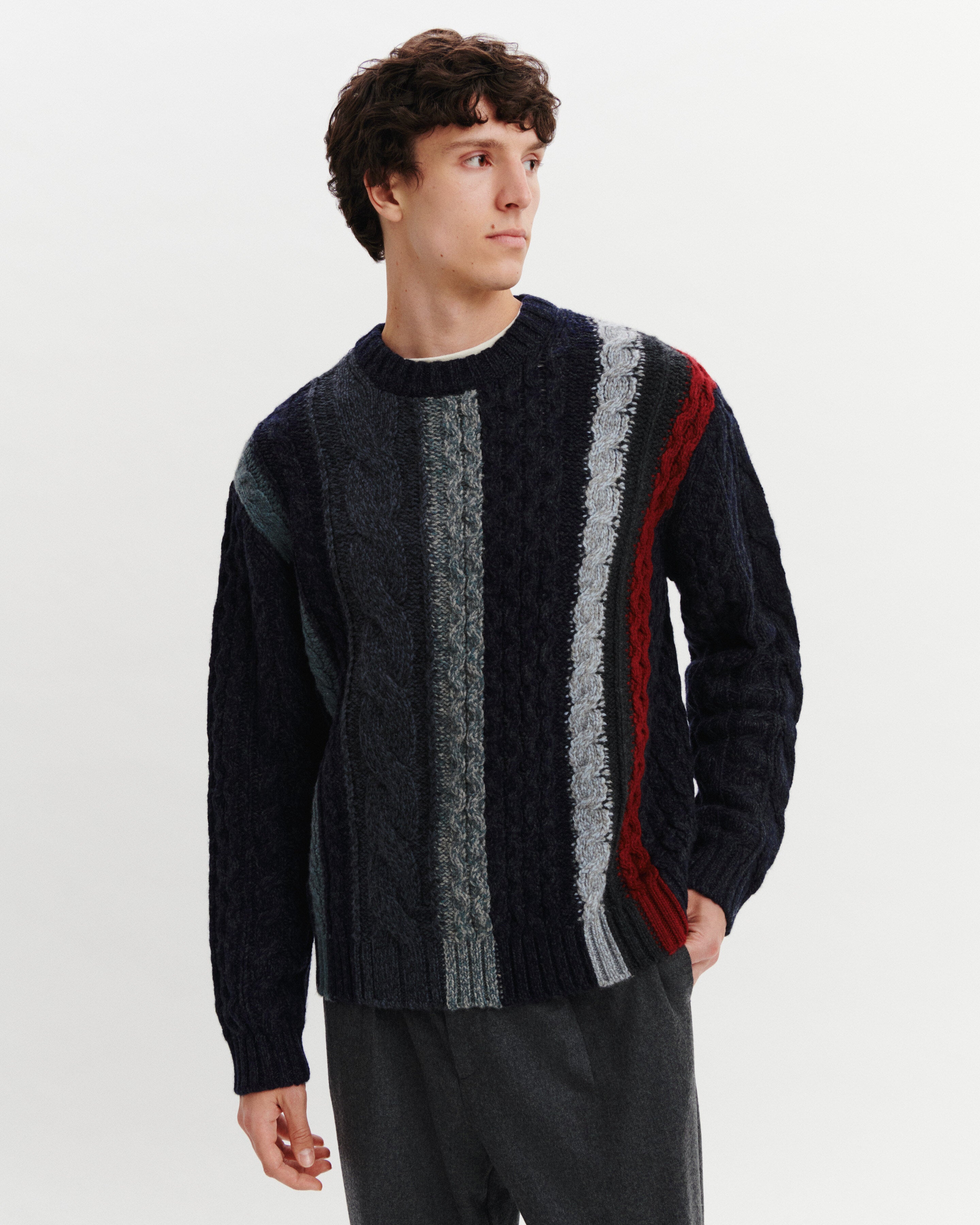Pull à torsades rayées-MARINE/CHARBON-100% cachemire