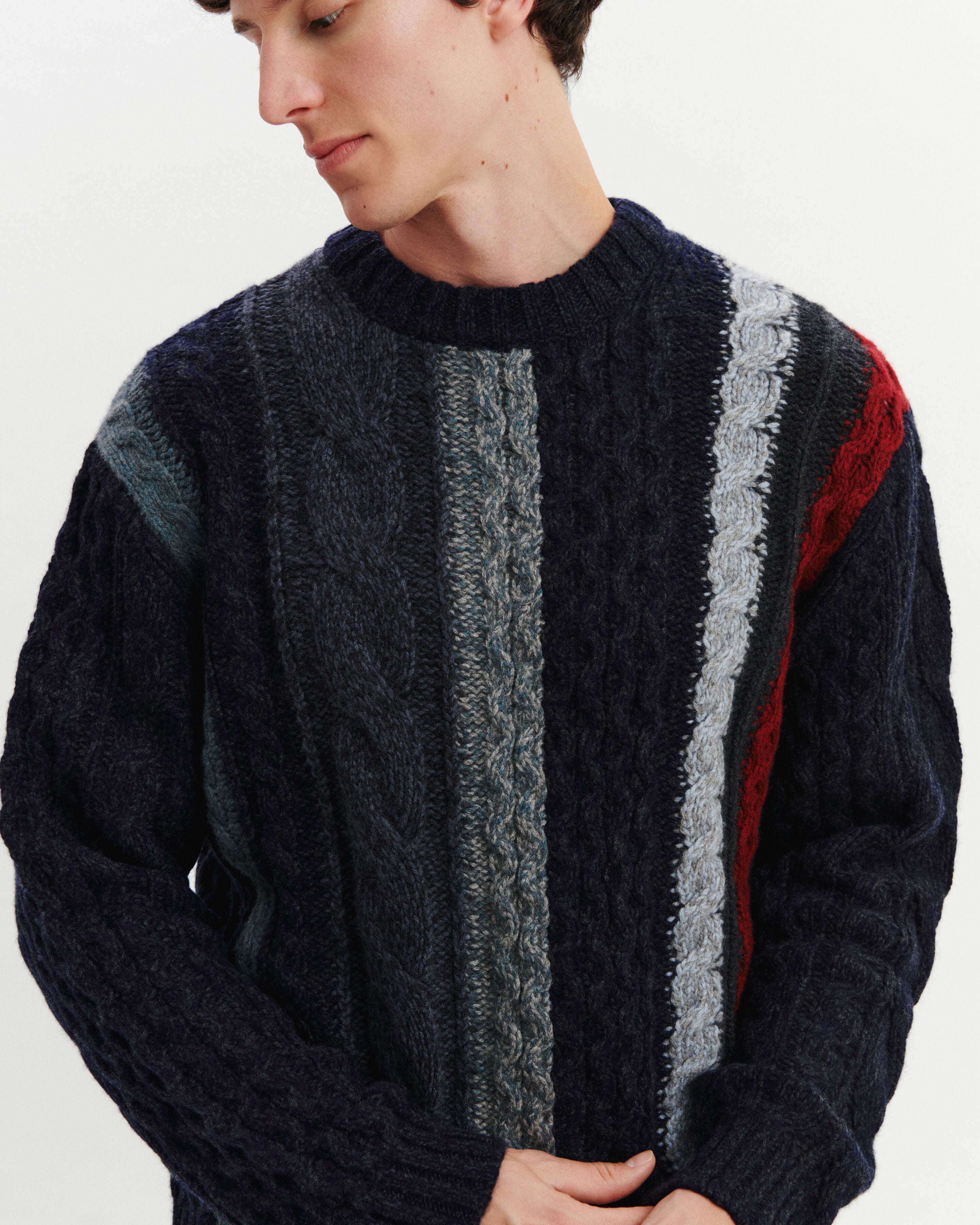 Pull à torsades rayées-MARINE/CHARBON-100% cachemire