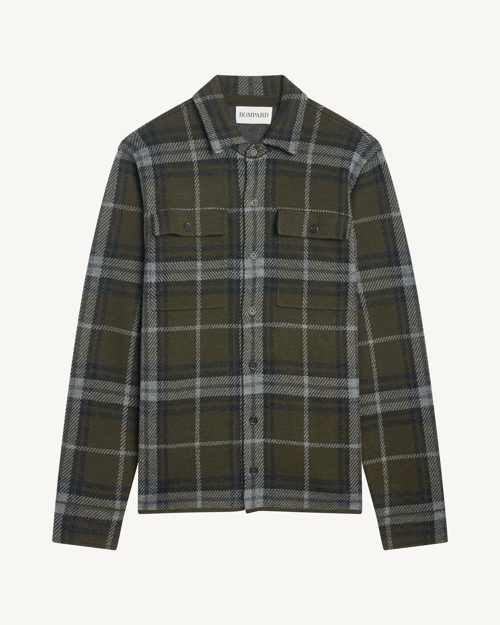 Surchemise tartan-KAKI KOMBU/GRIS METEORITE-100% laine + 70% laine 30% cachemire