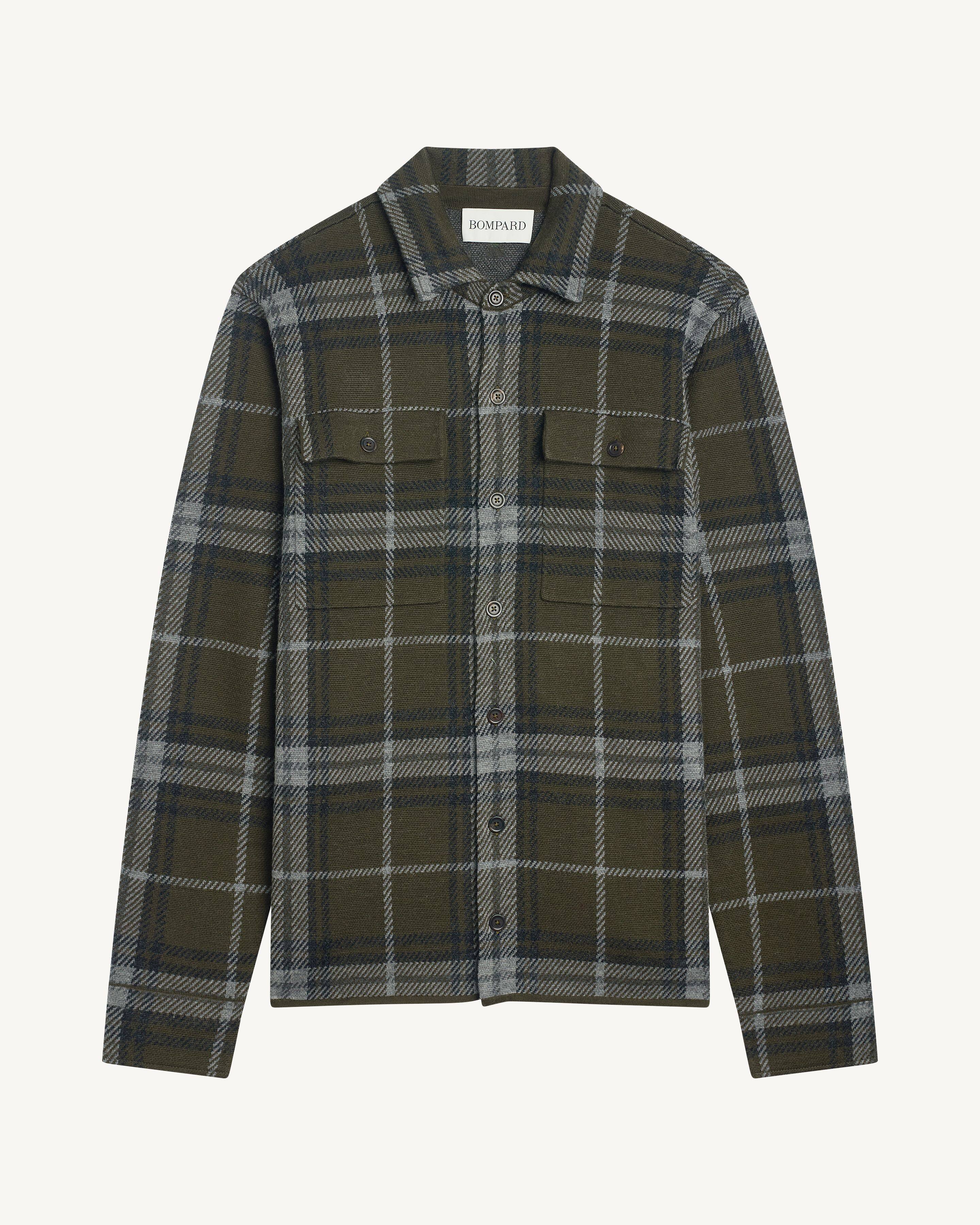 Surchemise tartan-KAKI KOMBU/GRIS METEORITE-100% laine + 70% laine 30% cachemire