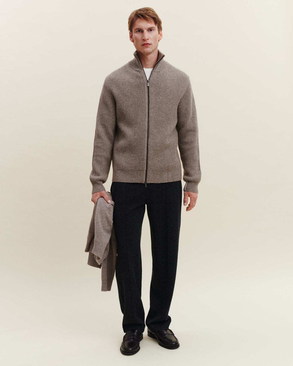 Gilet zippé à côtes-TAUPE-50% cachemire 50% yak