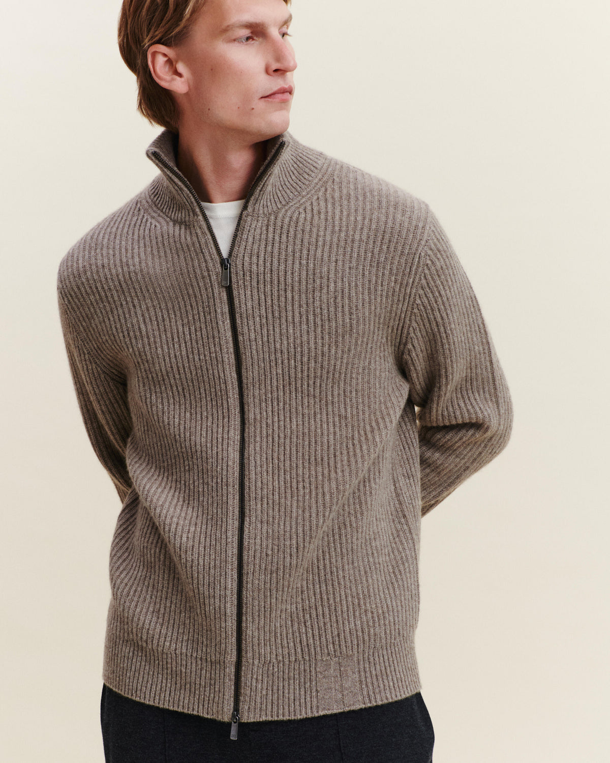 Gilet zippé à côtes-TAUPE-50% cachemire 50% yak