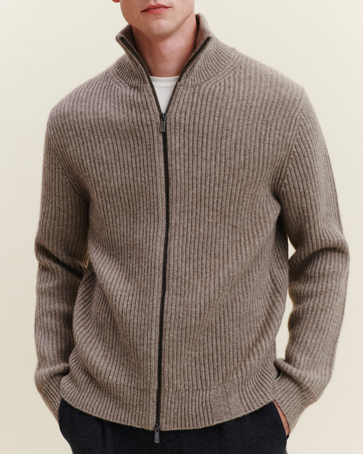 Gilet zippé à côtes-TAUPE-50% cachemire 50% yak