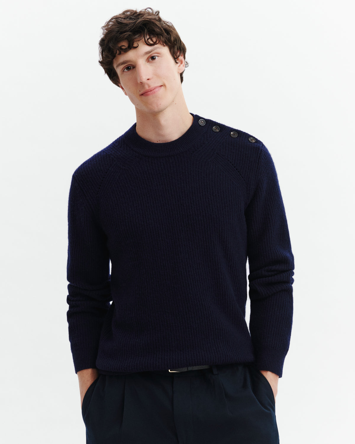 Pull col rond boutonné-MARINE-50% cachemire 50% yak