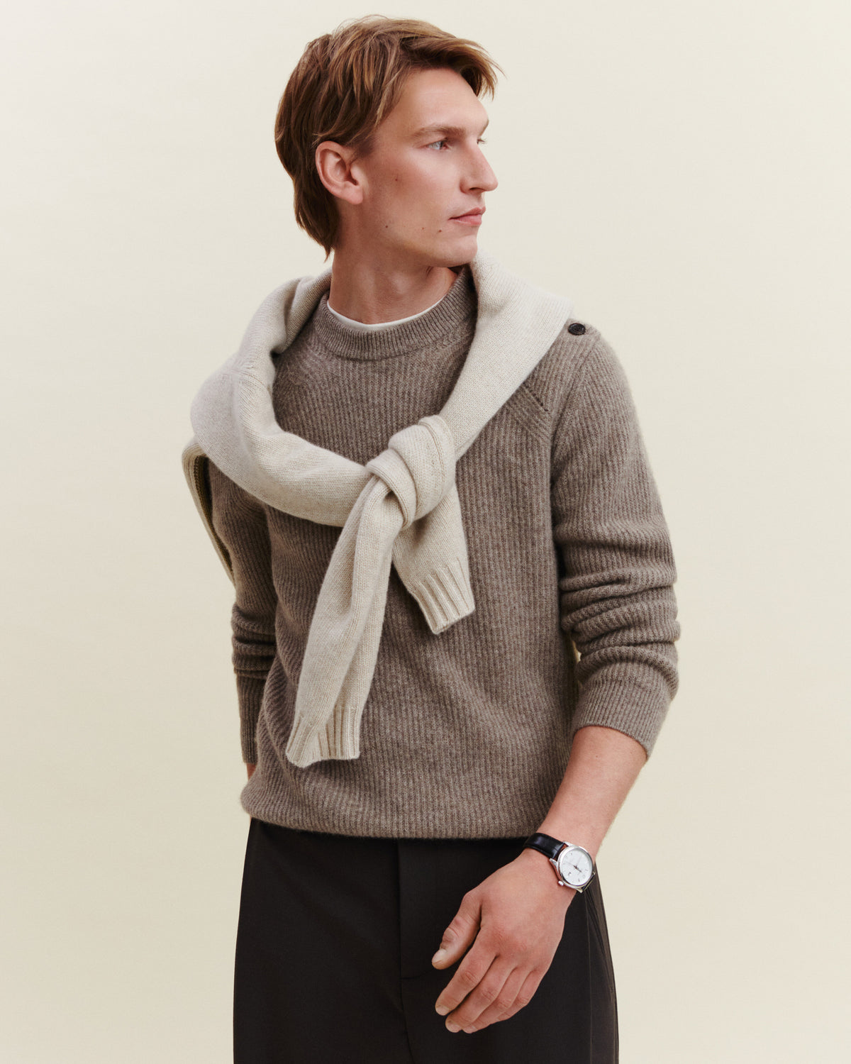 Pull col rond boutonné-TAUPE-50% cachemire 50% yak