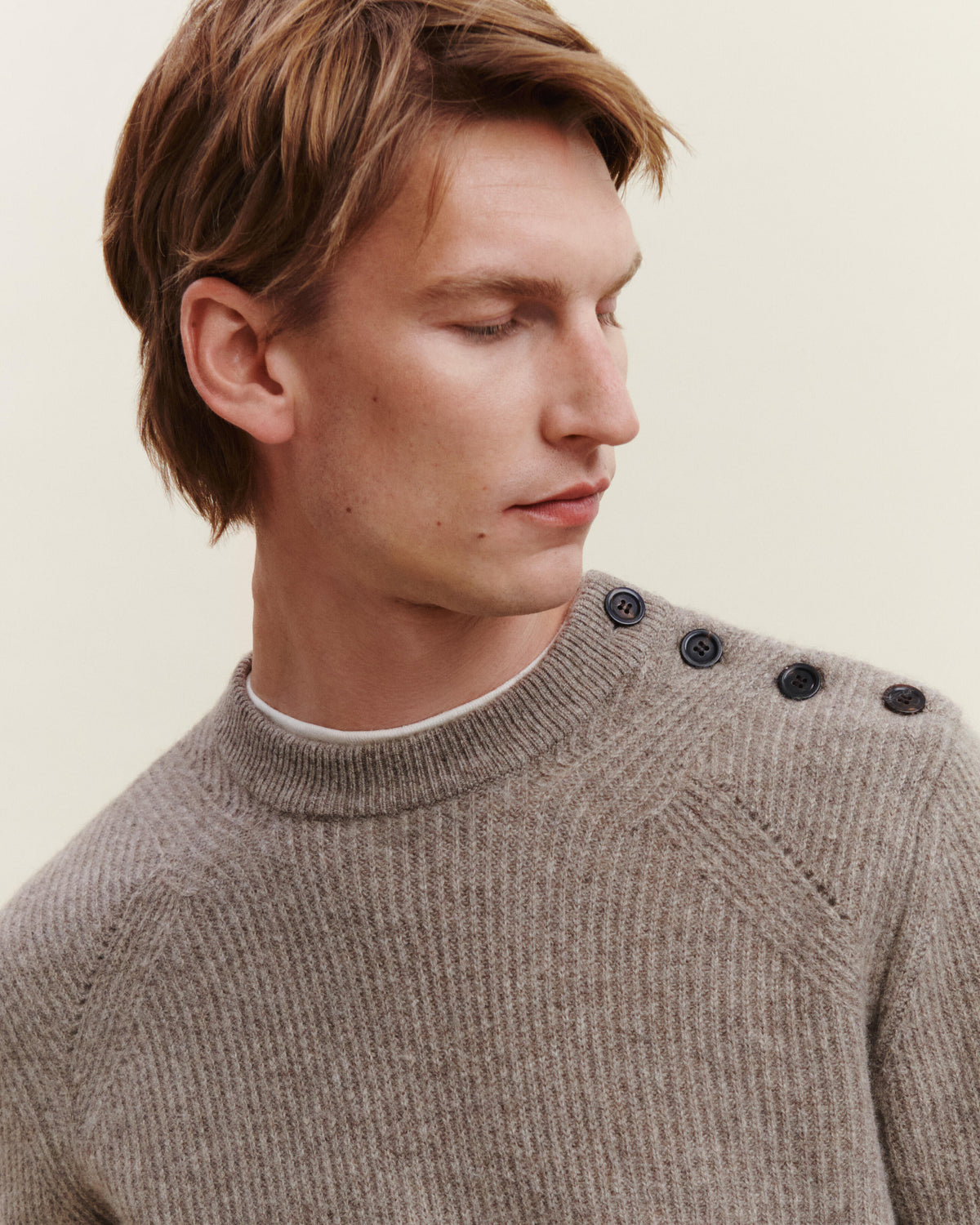 Pull col rond boutonné-TAUPE-50% cachemire 50% yak