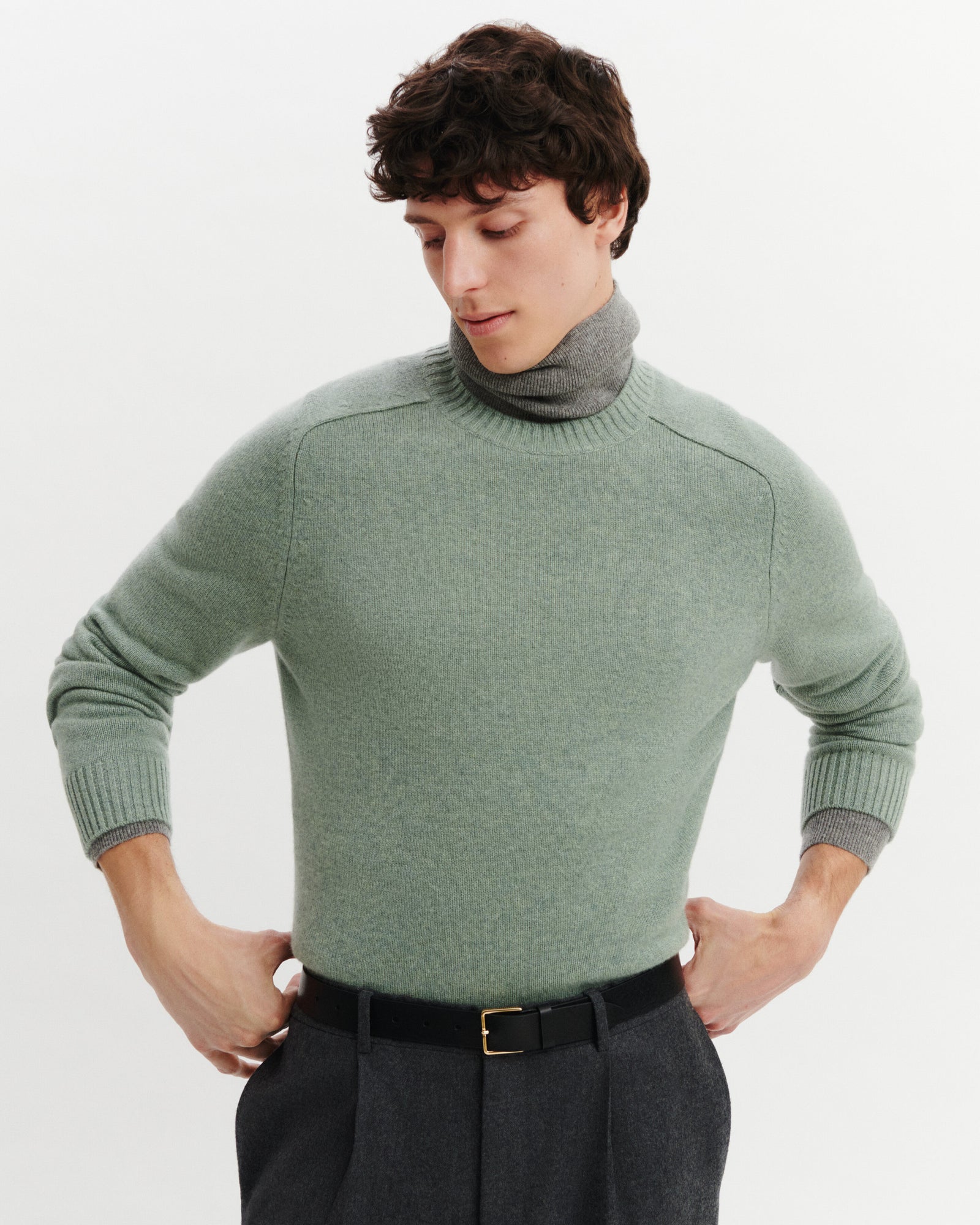 Pull col rond Léon-VERT DE GRIS-100% cachemire