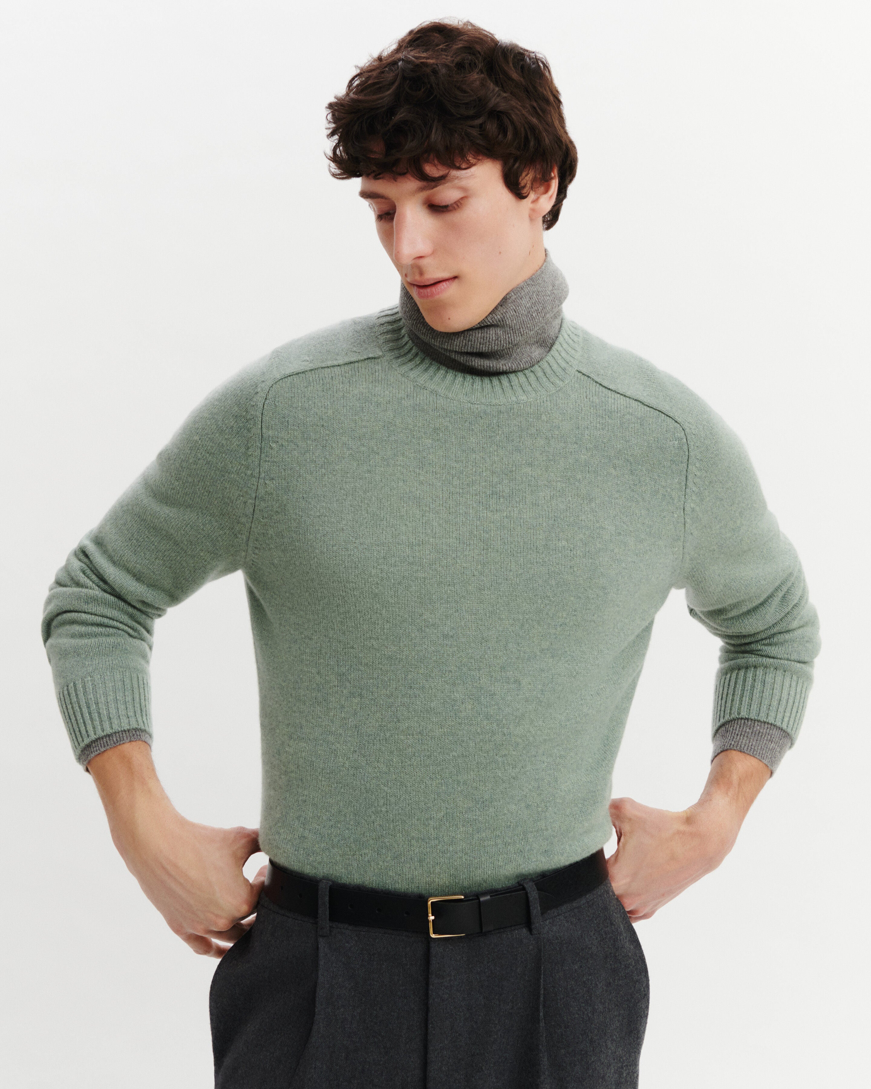 Pull col rond Léon-VERT DE GRIS-100% cachemire