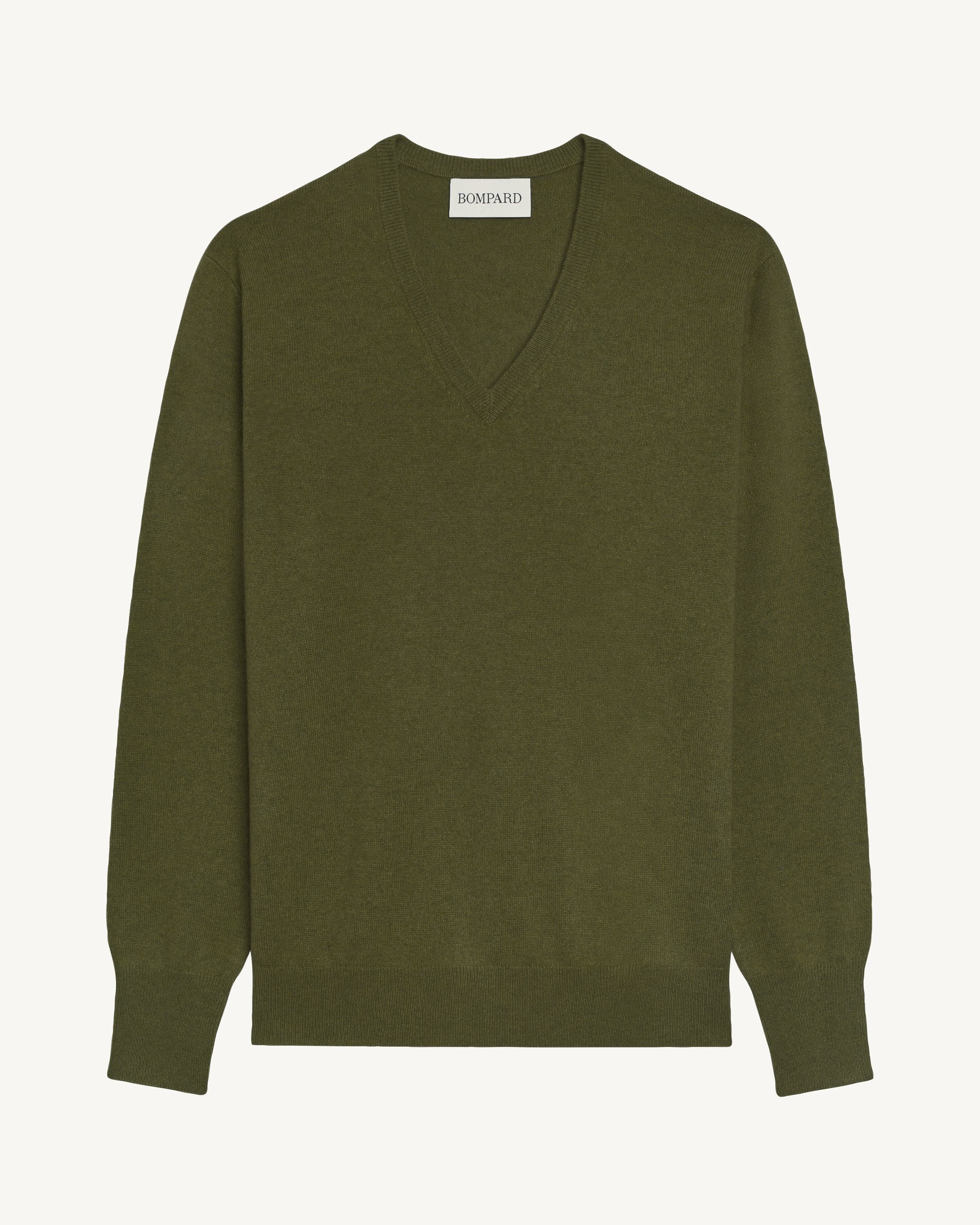 Pull col V classique-OLIVE-100% cachemire