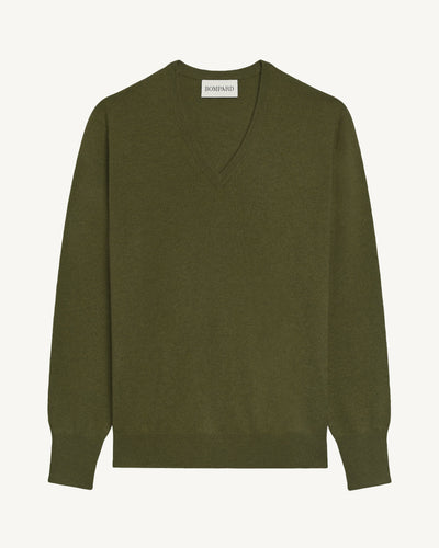 Pull col V classique-OLIVE-100% cachemire