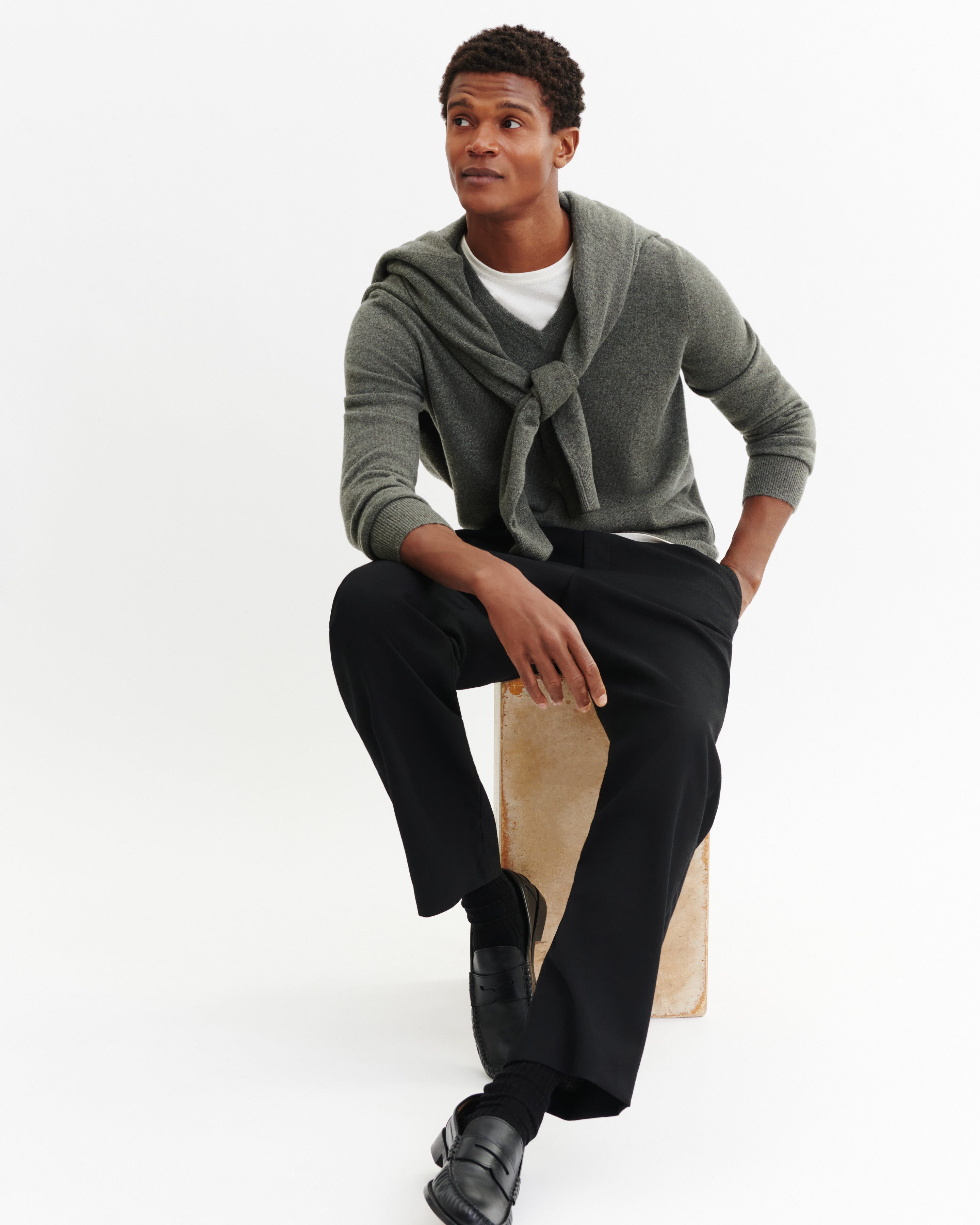 Pull col V classique-KAKI OMBRE-100% cachemire