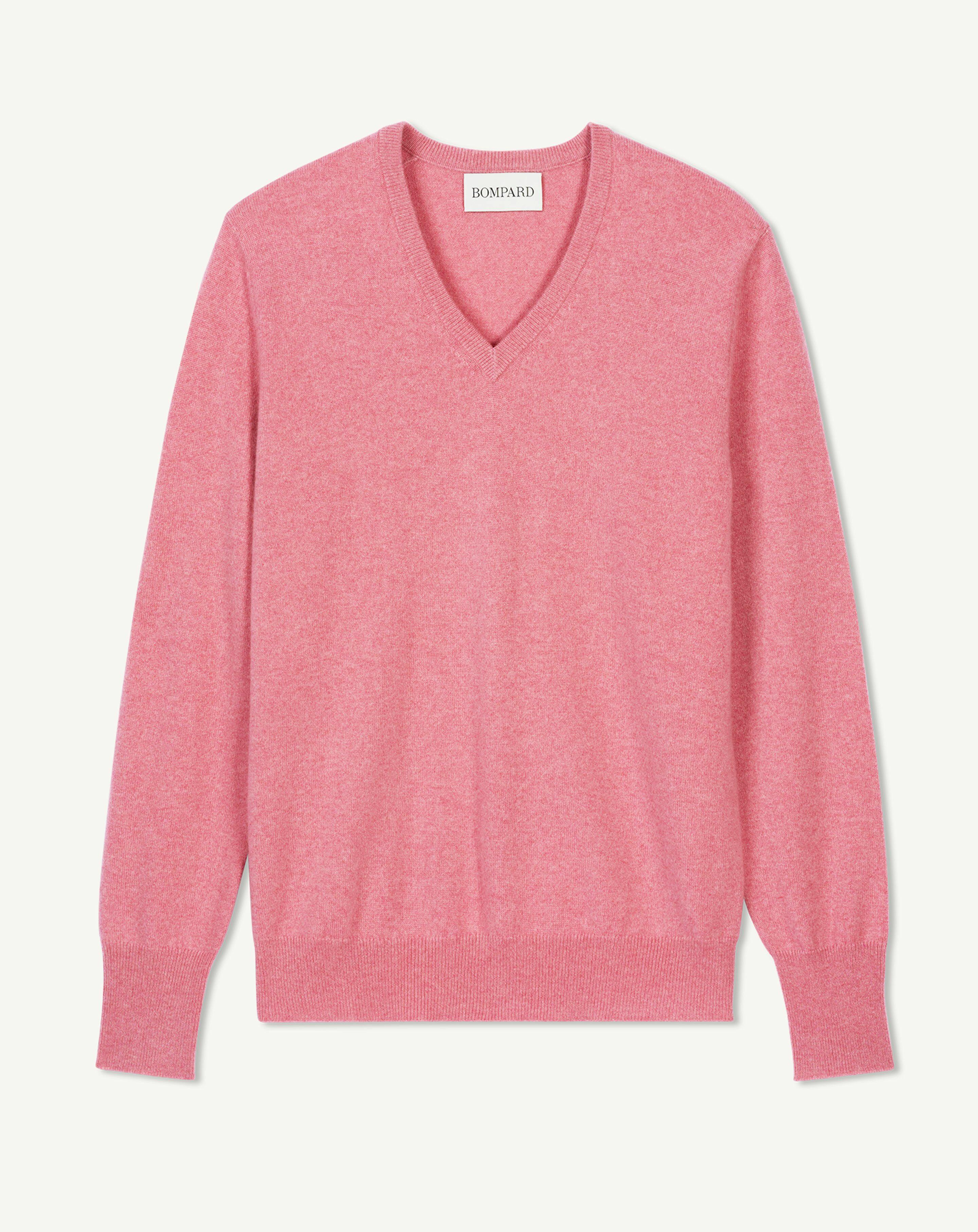 Pull col V classique-ROSE CAMEO-100% cachemire