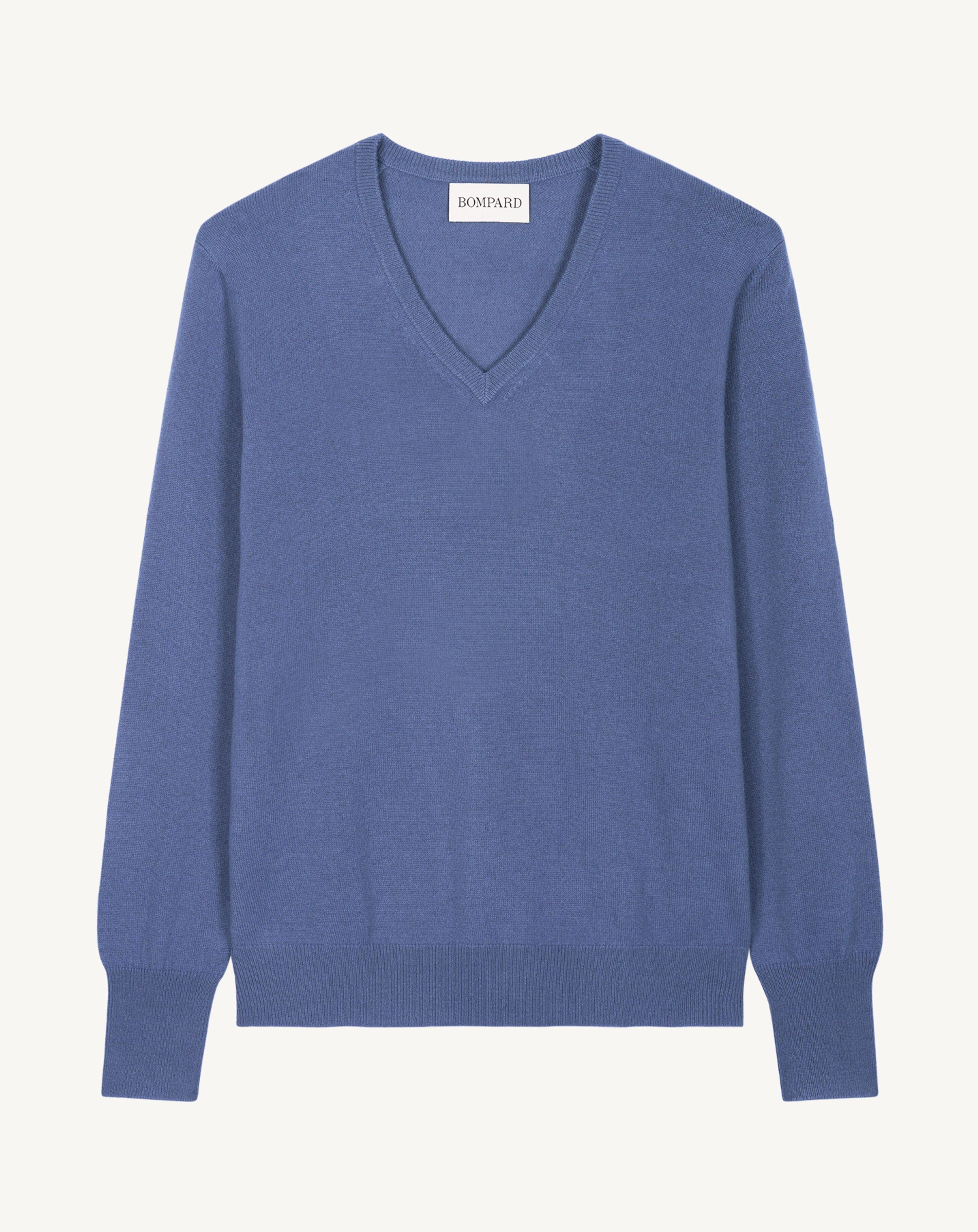 Pull col V classique-BLEU ATLAS-100% cachemire