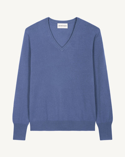 Pull col V classique-BLEU ATLAS-100% cachemire