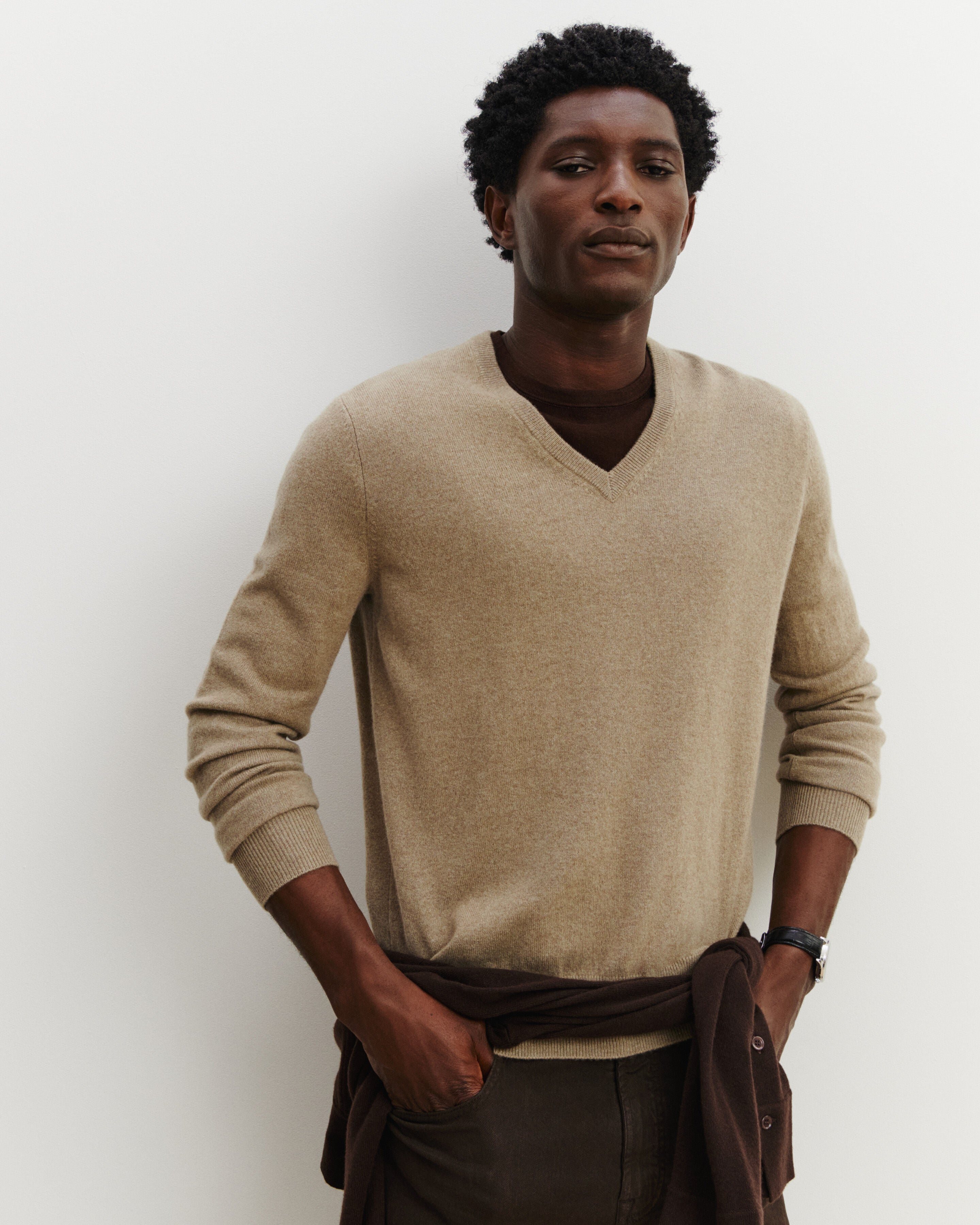 Pull col V Origines-BEIGE CENDRE-100% cachemire