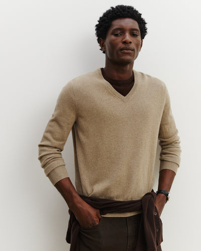 Pull col V Origines-BEIGE CENDRE-100% cachemire