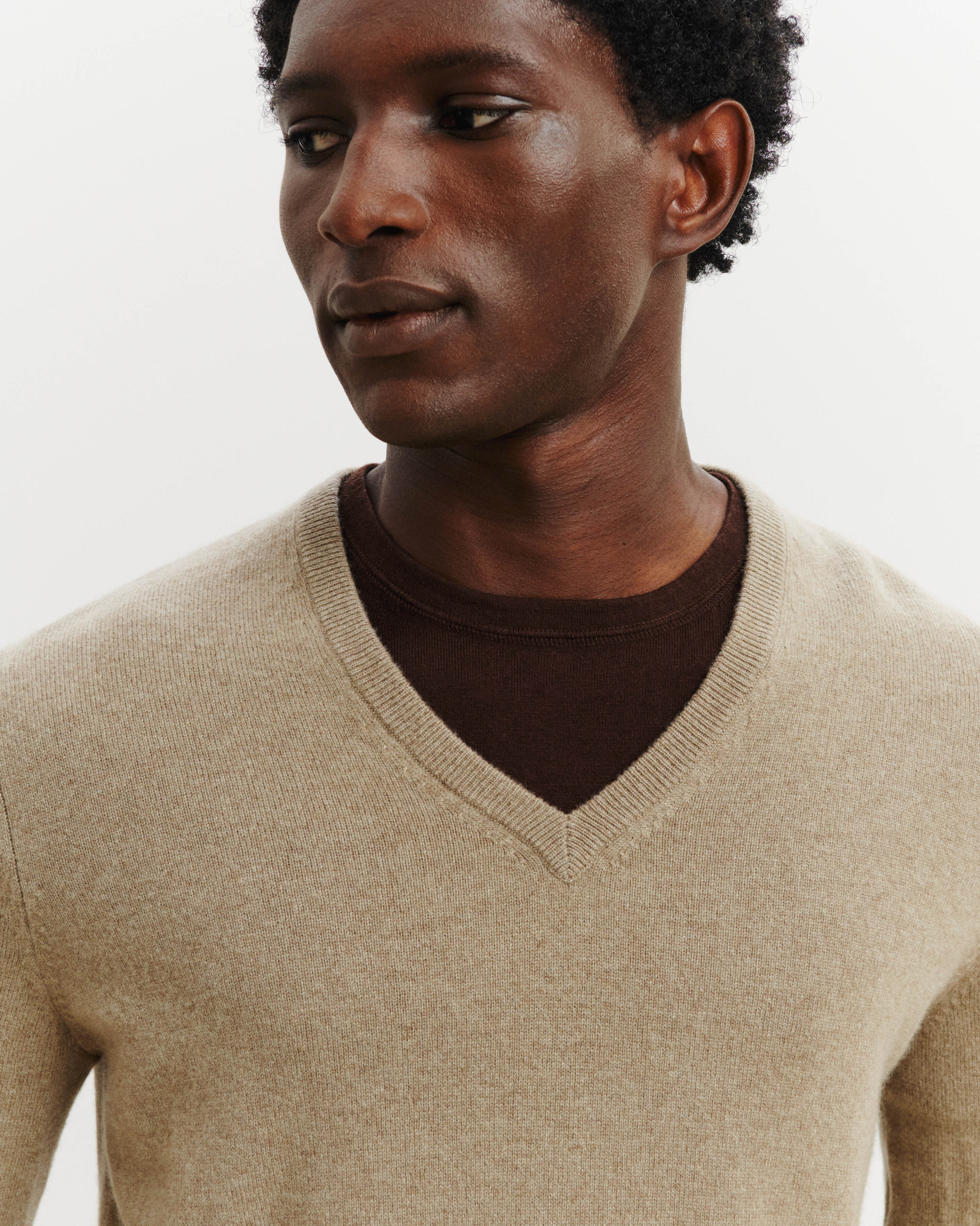 Pull col V Origines-BEIGE CENDRE-100% cachemire