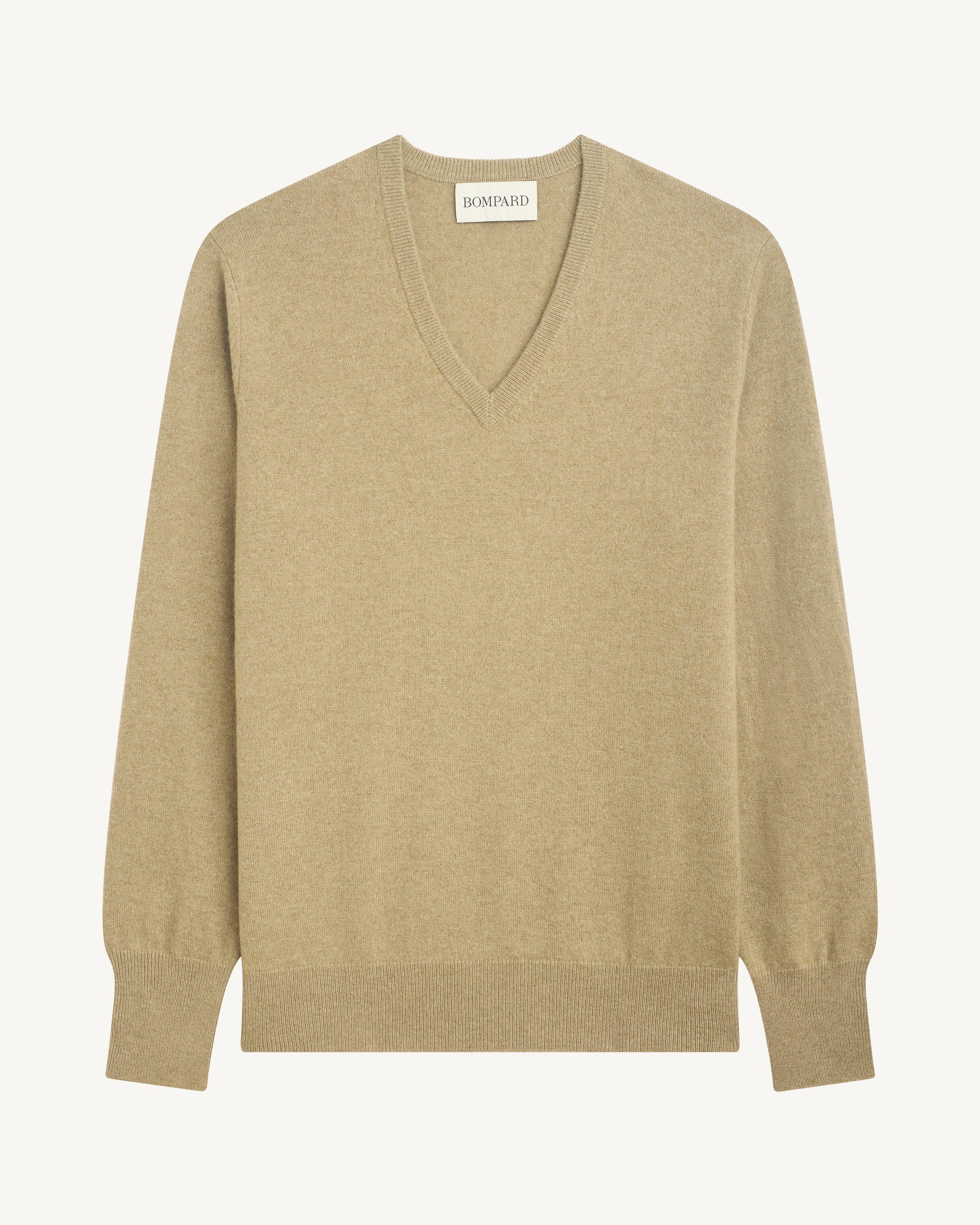 Pull col V classique-BEIGE CENDRE-100% cachemire
