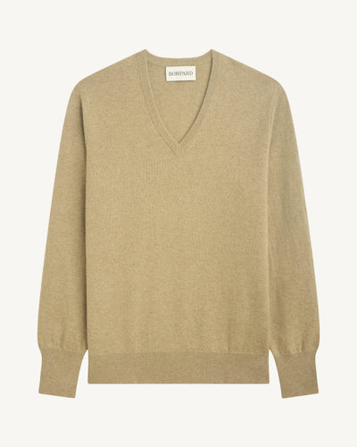 Pull col V classique-BEIGE CENDRE-100% cachemire