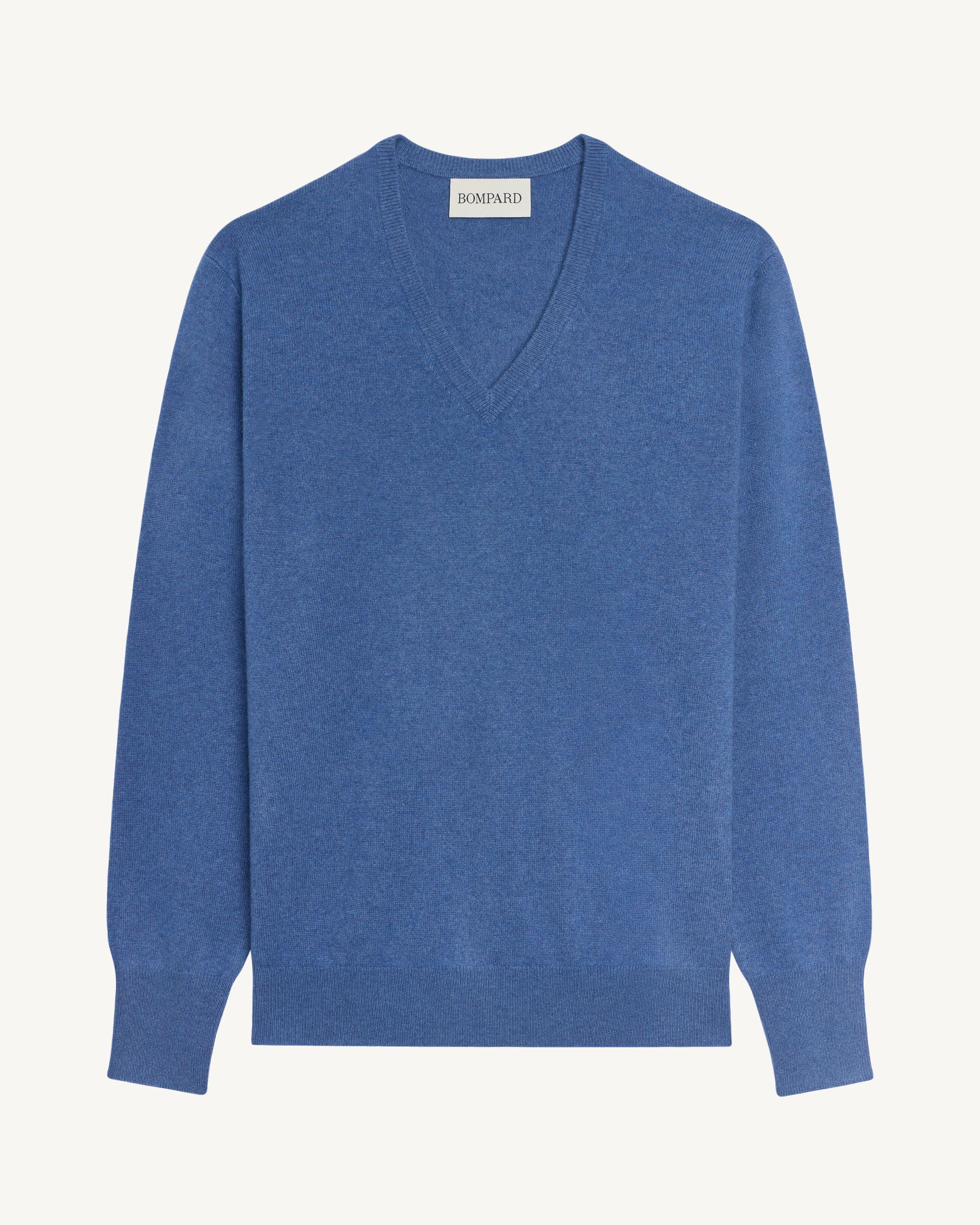Pull col V classique-BLEU DE DELFT-100% cachemire