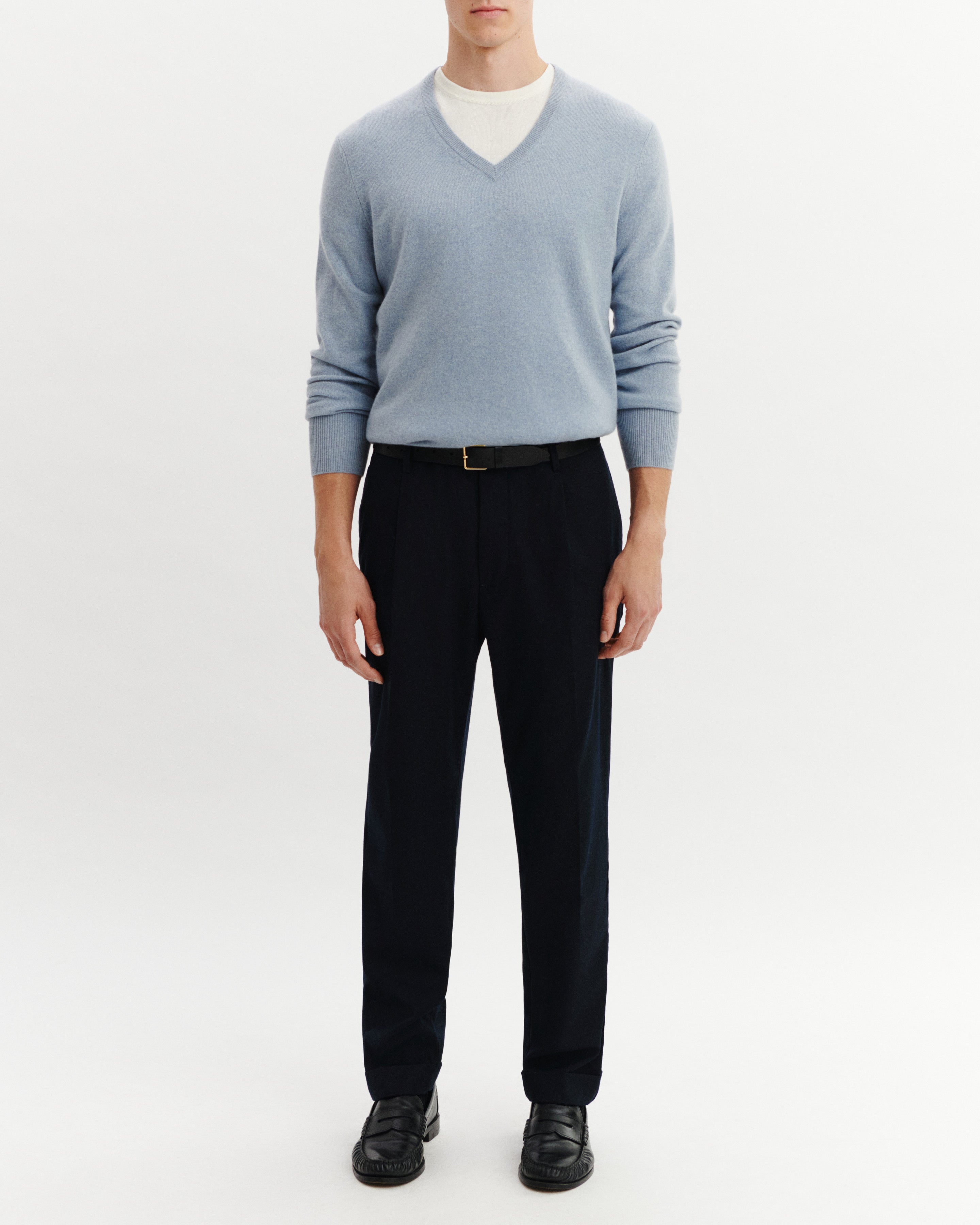 Pull col V Origines-BLEU GLACIER-100% cachemire