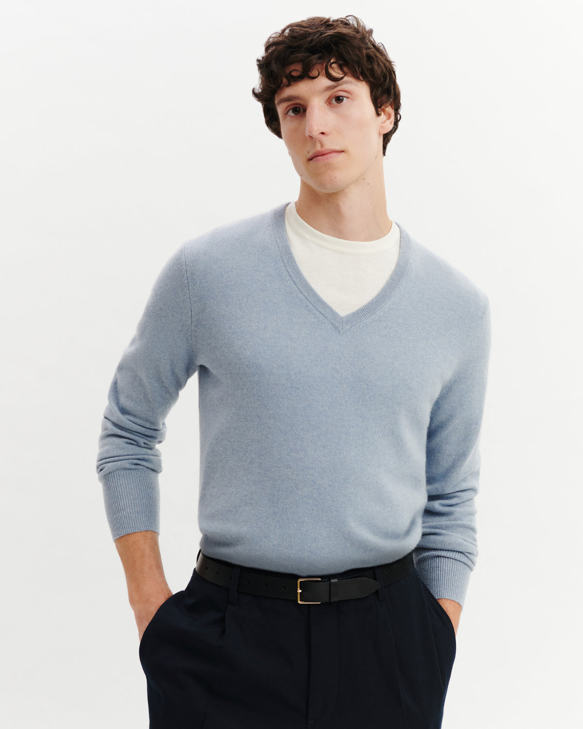Pull col V Origines-BLEU GLACIER-100% cachemire