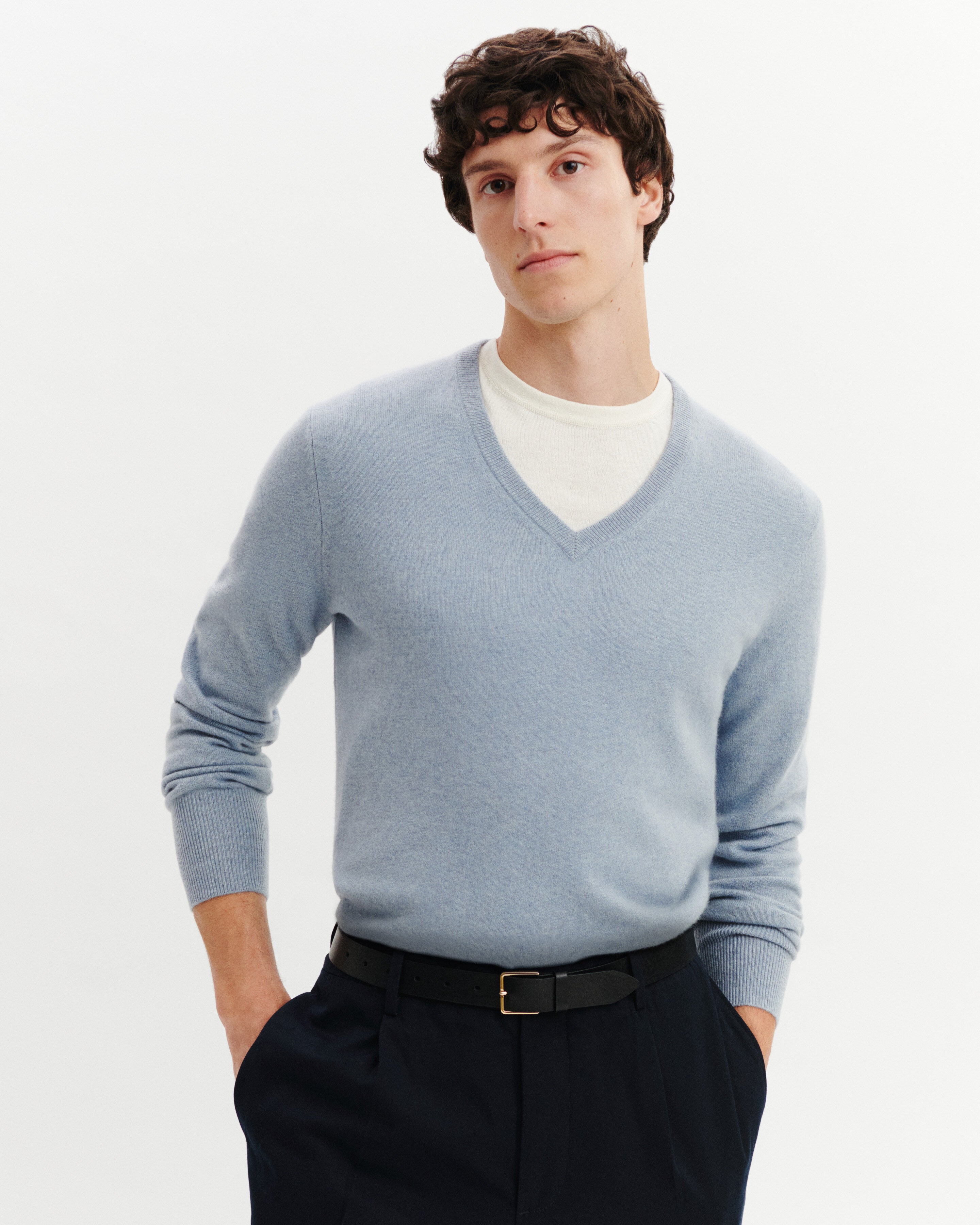 Pull col V Origines-BLEU GLACIER-100% cachemire