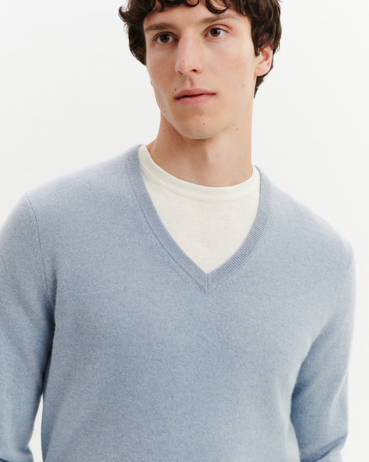 Pull col V Origines-BLEU GLACIER-100% cachemire