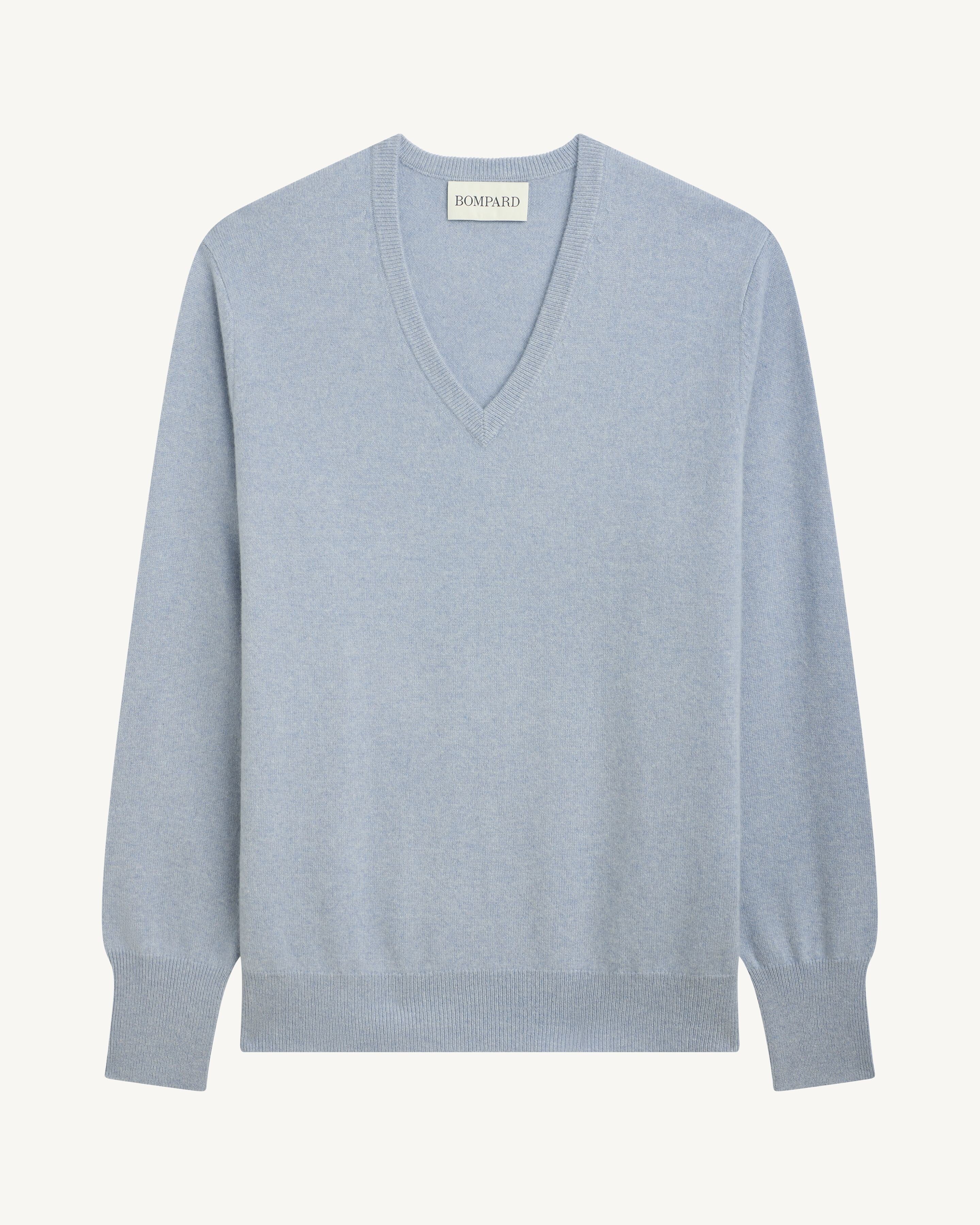 Pull col V classique-BLEU GLACIER-100% cachemire
