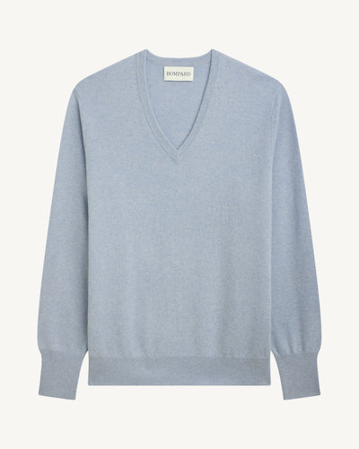 Pull col V classique-BLEU GLACIER-100% cachemire