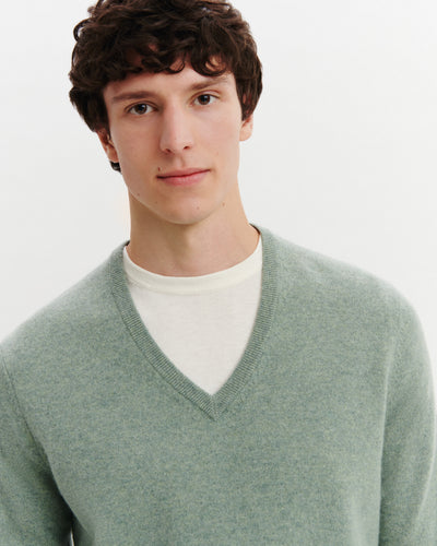 Pull col V Origines-VERT DE GRIS-100% cachemire