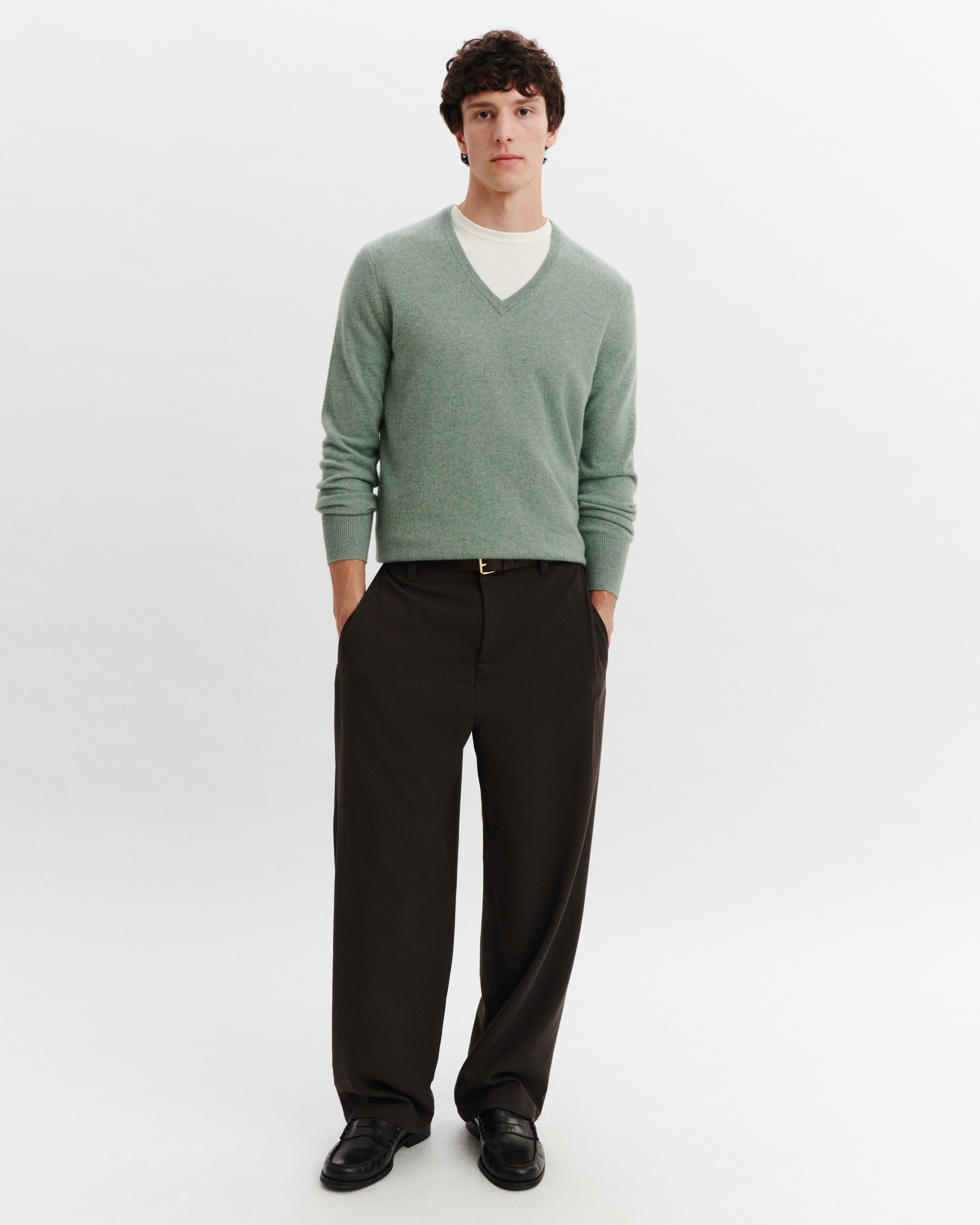 Pull col V Origines-VERT DE GRIS-100% cachemire