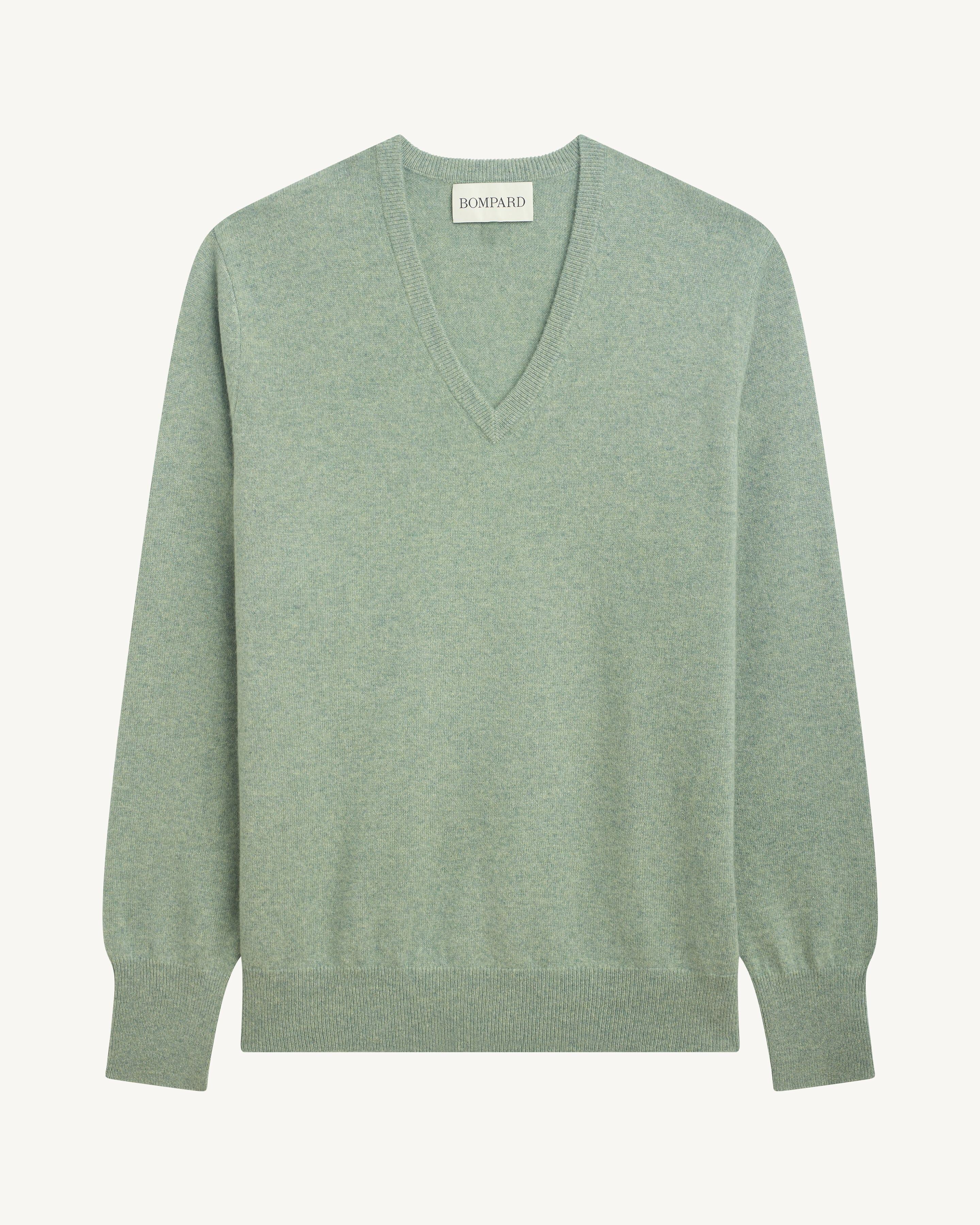 Pull col V classique-VERT DE GRIS-100% cachemire
