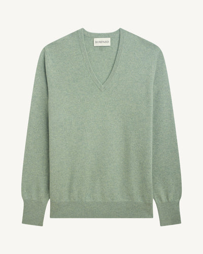 Pull col V classique-VERT DE GRIS-100% cachemire