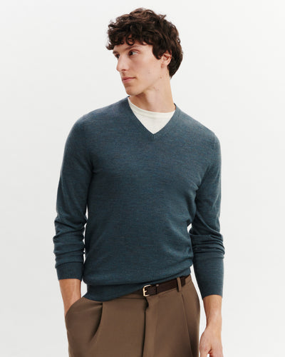 Pull col V ultrafin-BLEU GRANIT-100% cachemire