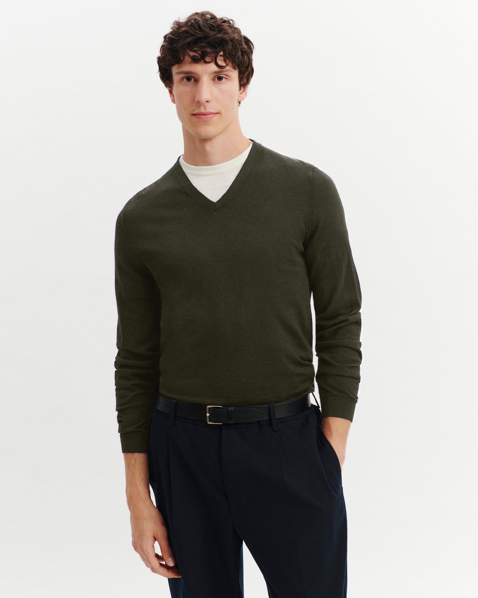 Pull col V Faustin-KAKI KOMBU-100% cachemire